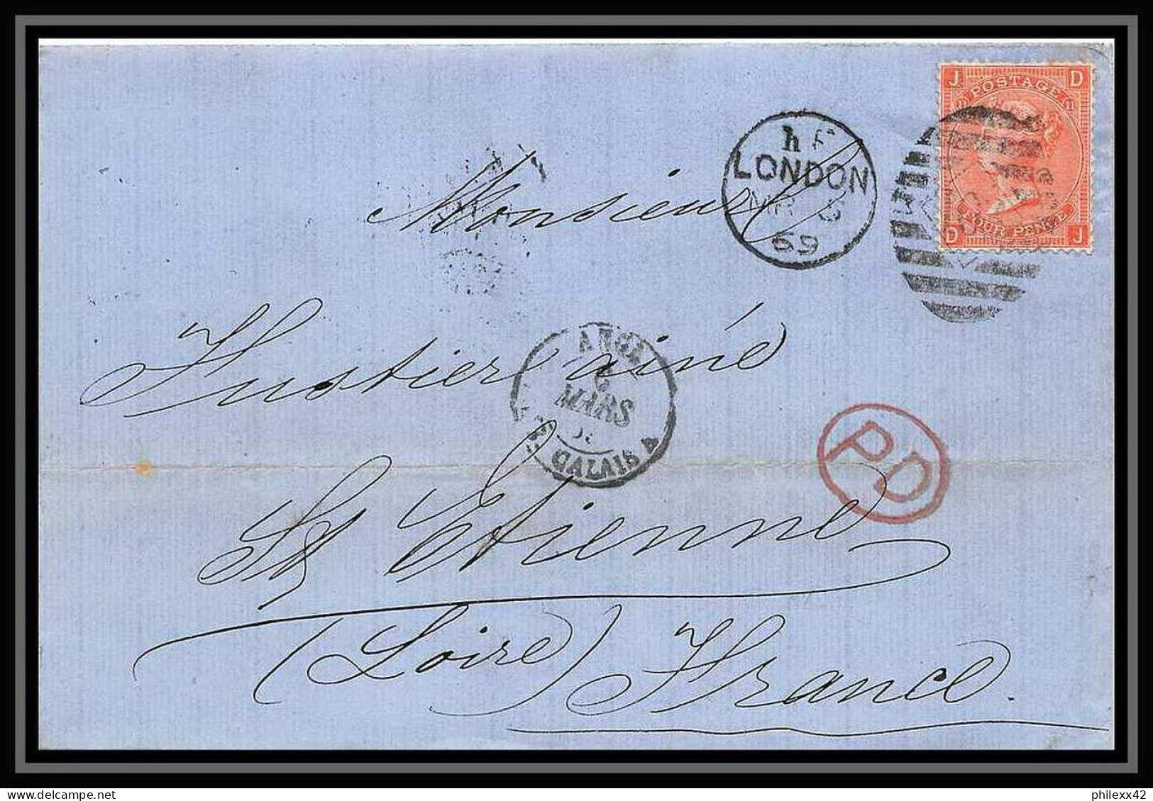 35845 N°32 Victoria 4p Red London St Etienne France 1869 Cachet 103 Lettre Cover Grande Bretagne England - Briefe U. Dokumente