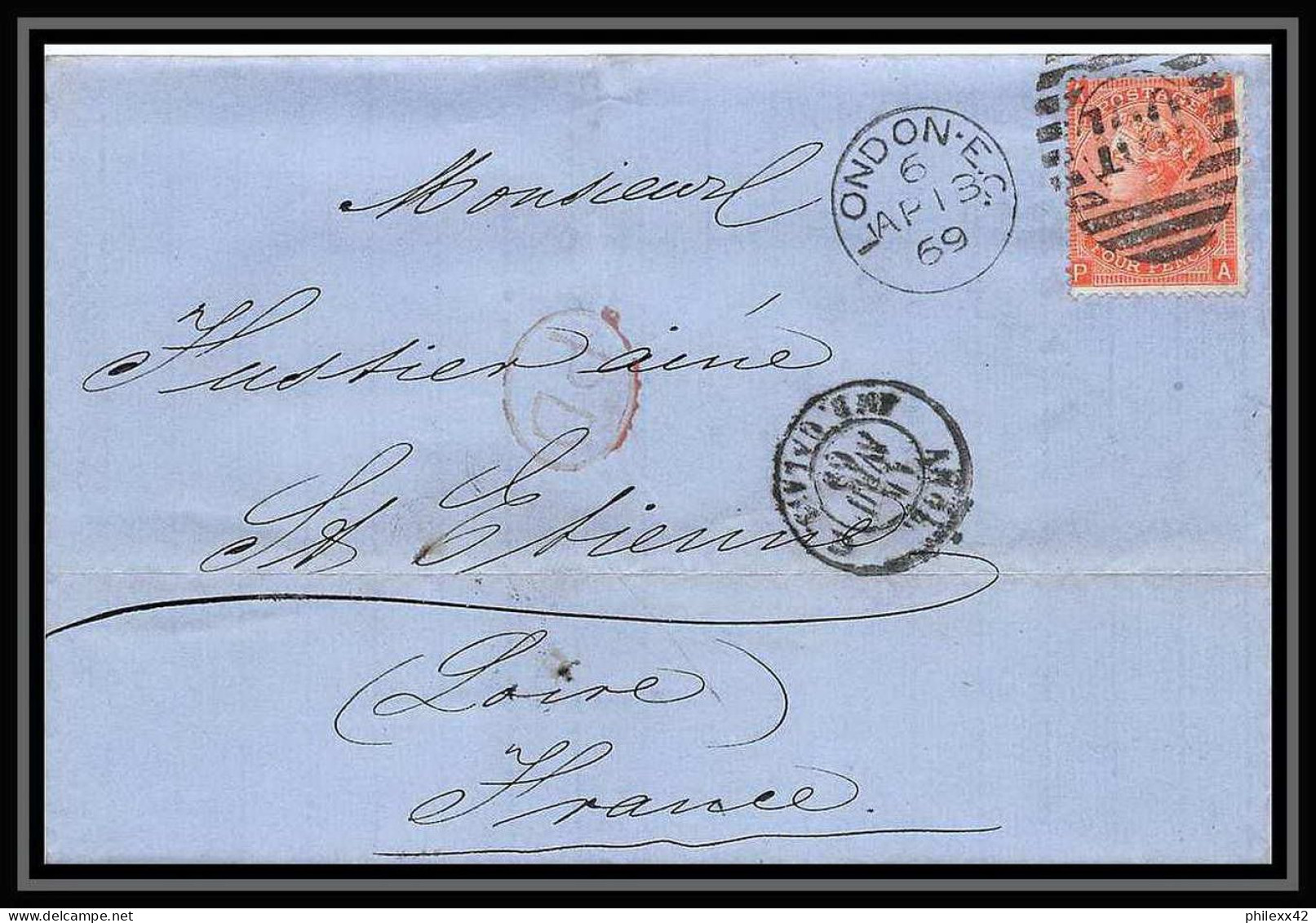 35835 N°32 Victoria 4p Red London St Etienne France 1869 Cachet 100 Lettre Cover Grande Bretagne England - Lettres & Documents