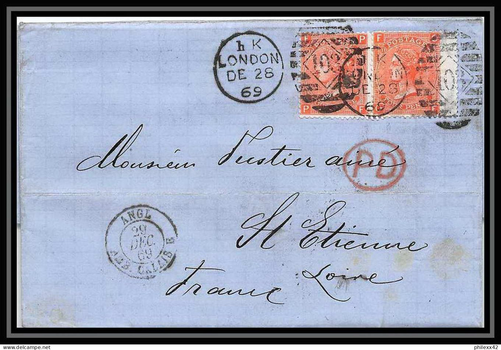 35841 N°32 Victoria 4p London St Etienne 1869 Cachet 103 Paire Lettre Cover Grande Bretagne England - Lettres & Documents