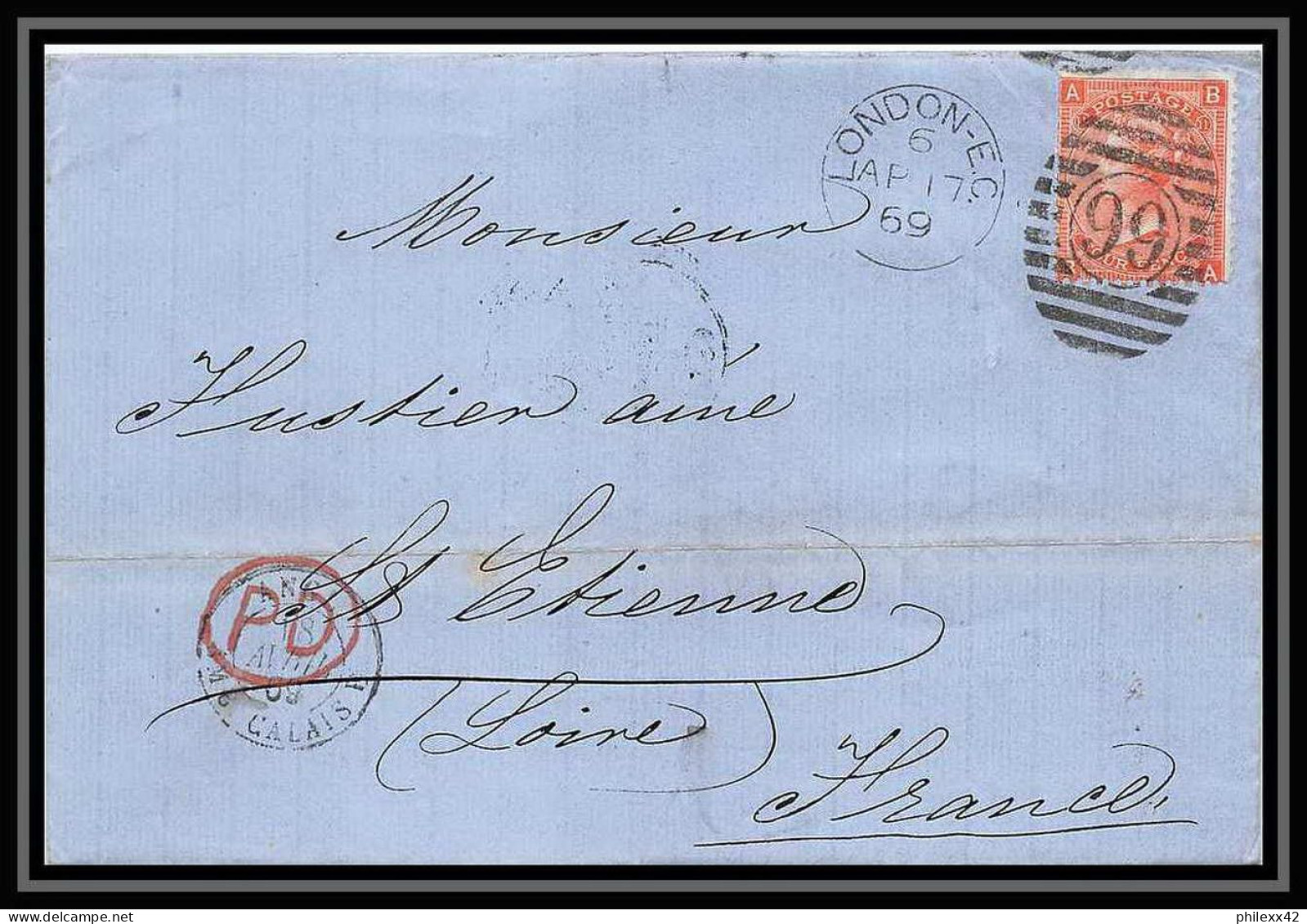 35828 N°32 Victoria 4p Red London St Etienne France 1869 Cachet 99 Lettre Cover Grande Bretagne England - Briefe U. Dokumente