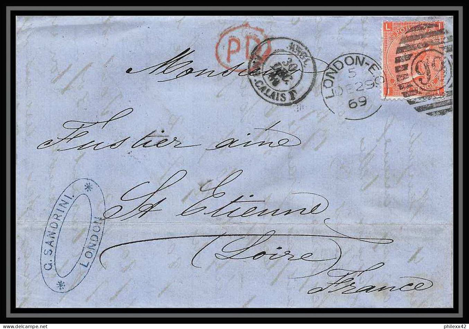 35826 N°32 Victoria 4p Red London St Etienne France 1869 Cachet 99 Lettre Cover Grande Bretagne England - Storia Postale