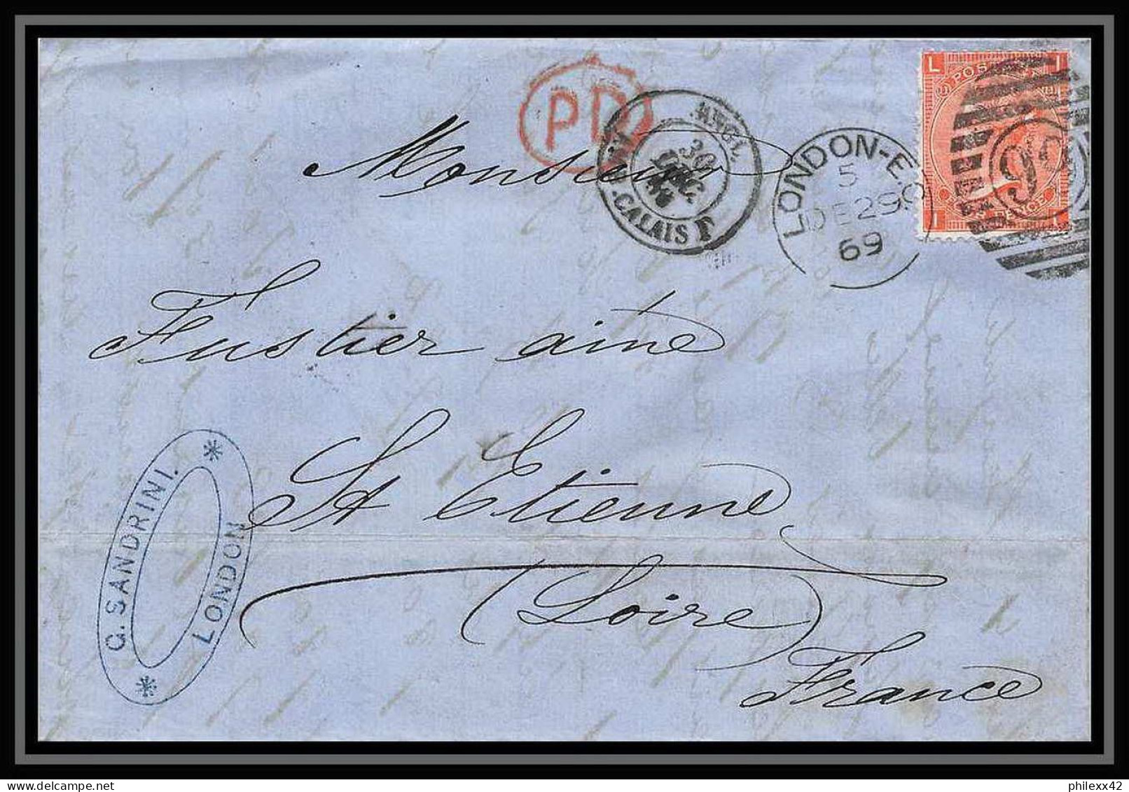35826 N°32 Victoria 4p Red London St Etienne France 1869 Cachet 99 Lettre Cover Grande Bretagne England - Briefe U. Dokumente
