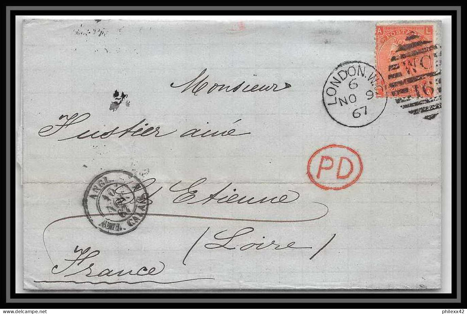 35897 N°32 Victoria 4p Red London St Etienne France 1867 Cachet WC16 Lettre Cover Grande Bretagne England - Briefe U. Dokumente