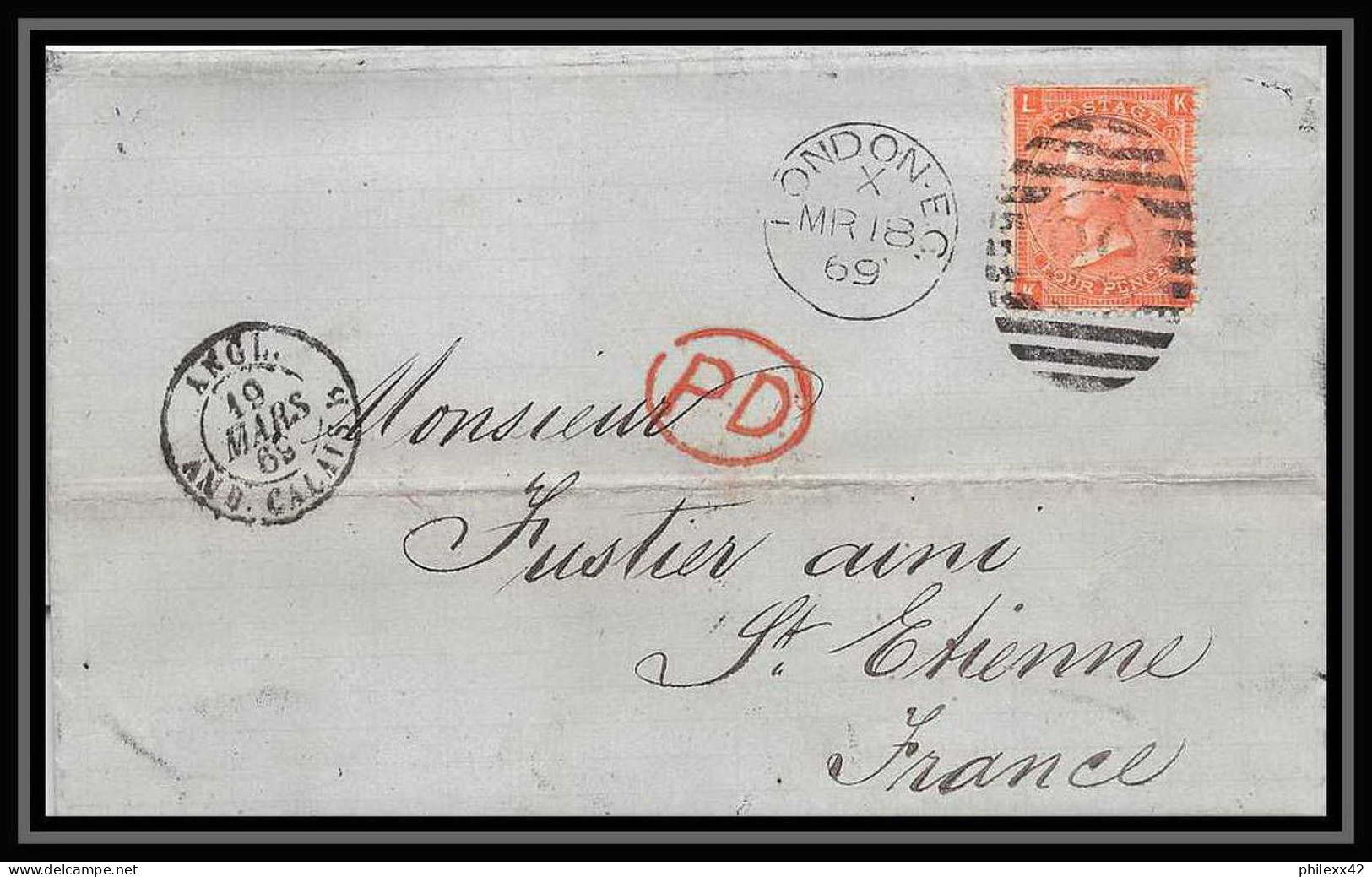 35824 N°32 Victoria 4p Red London St Etienne France 1869 Cachet 99 Lettre Cover Grande Bretagne England - Briefe U. Dokumente