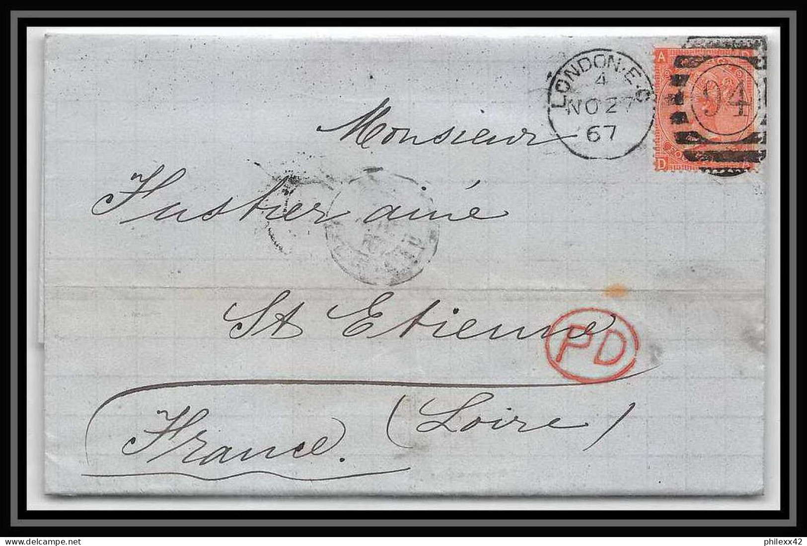 35804 N°32 Victoria 4p Red London St Etienne France 1867 Cachet 94 Lettre Cover Grande Bretagne England - Covers & Documents