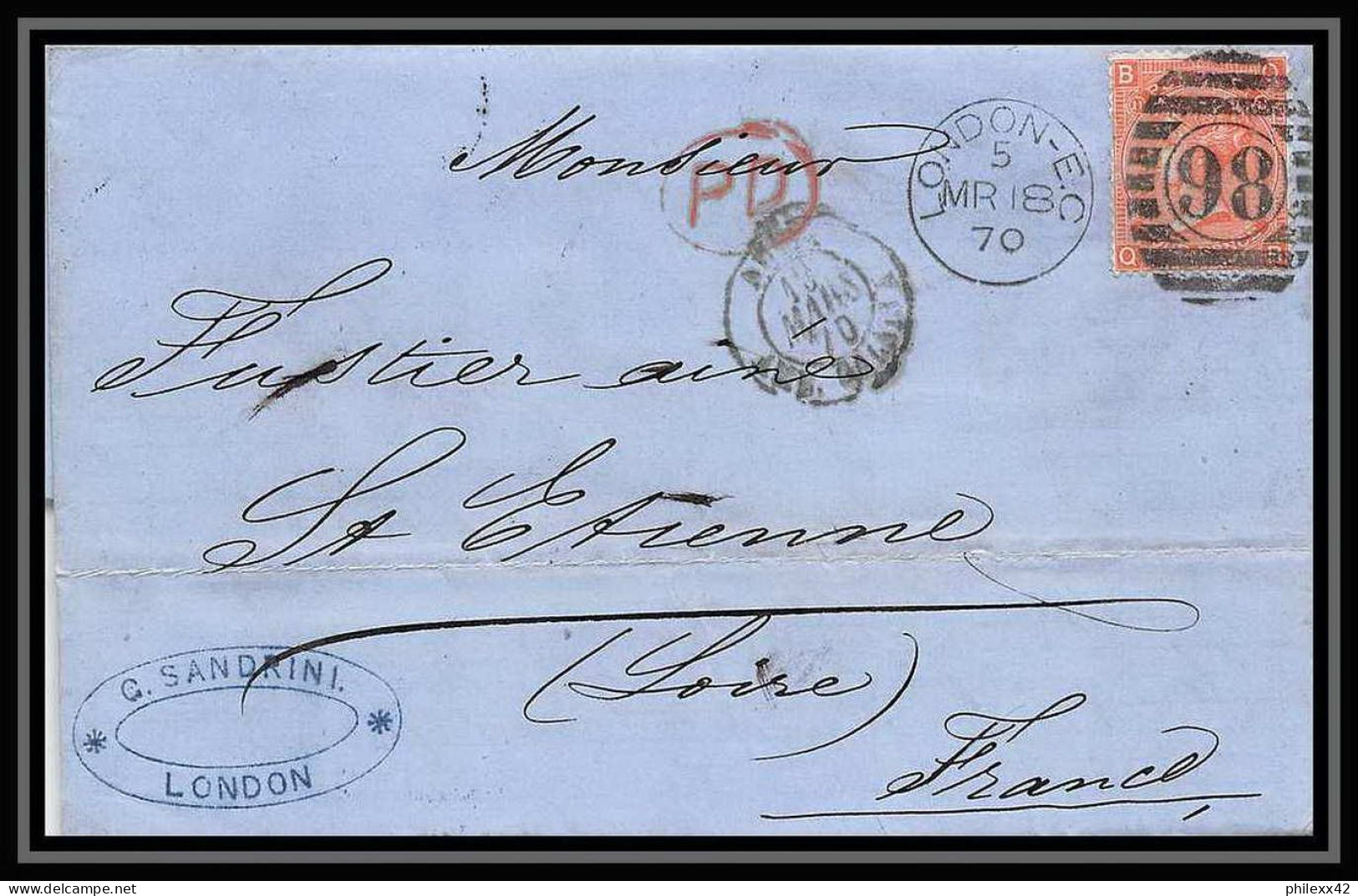 35820 N°32 Victoria 4p Red London St Etienne France 1870 Cachet 98 Lettre Cover Grande Bretagne England - Cartas & Documentos