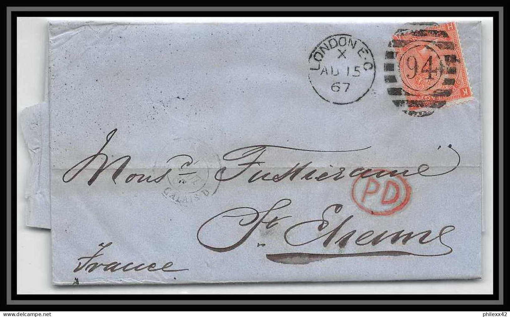 35806 N°32 Victoria 4p Red London St Etienne France 1867 Cachet 94 Lettre Cover Grande Bretagne England - Covers & Documents