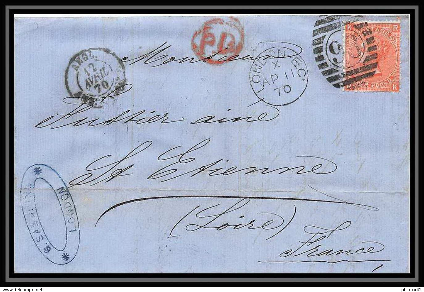 35818 N°32 Victoria 4p Red London St Etienne France 1870 Cachet 98 Lettre Cover Grande Bretagne England - Briefe U. Dokumente