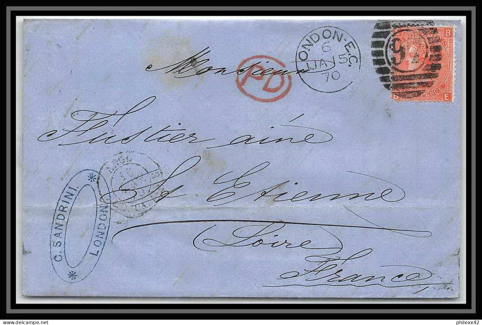 35811 N°32 Victoria 4p Red London St Etienne France 1870 Cachet 97 Lettre Cover Grande Bretagne England - Covers & Documents