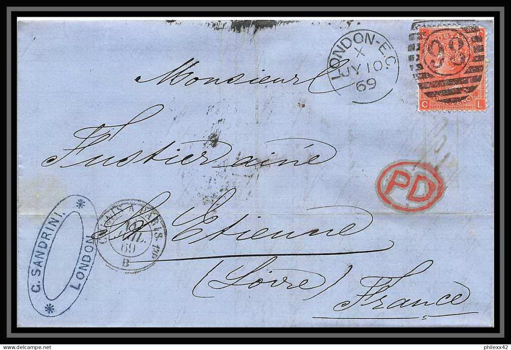 35816 N°32 Victoria 4p Red London St Etienne France 1869 Cachet 98 Lettre Cover Grande Bretagne England - Covers & Documents