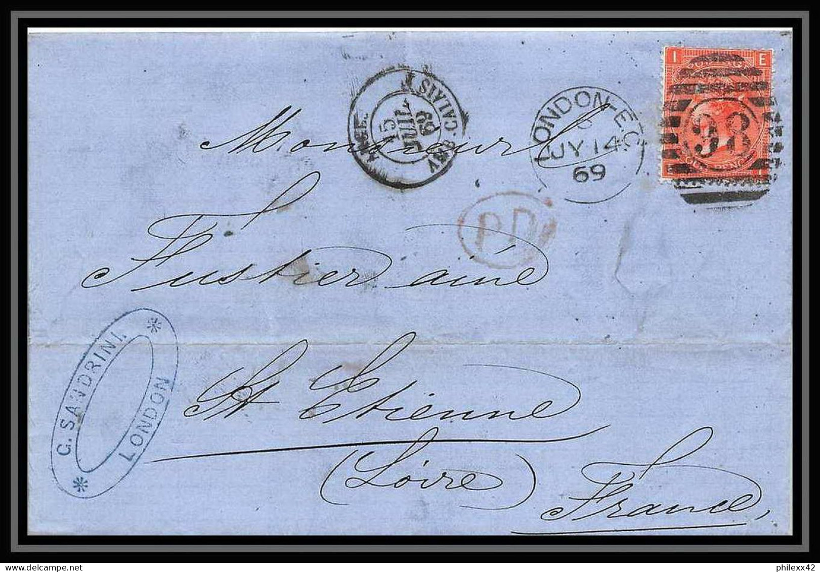 35819 N°32 Victoria 4p Red London St Etienne France 1869 Cachet 98 Lettre Cover Grande Bretagne England - Covers & Documents
