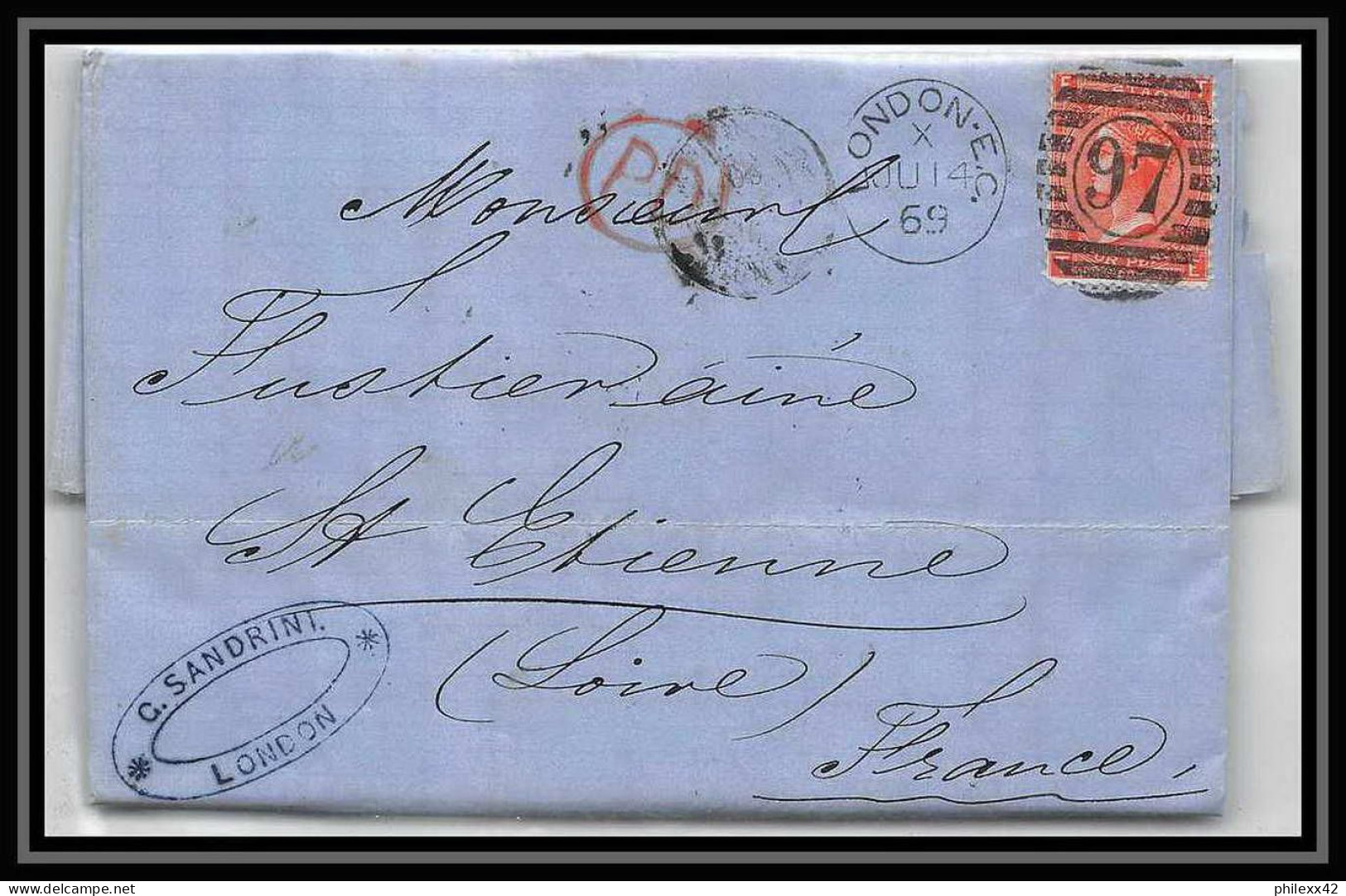35813 N°32 Victoria 4p Red London St Etienne France 1869 Cachet 97 Lettre Cover Grande Bretagne England - Covers & Documents