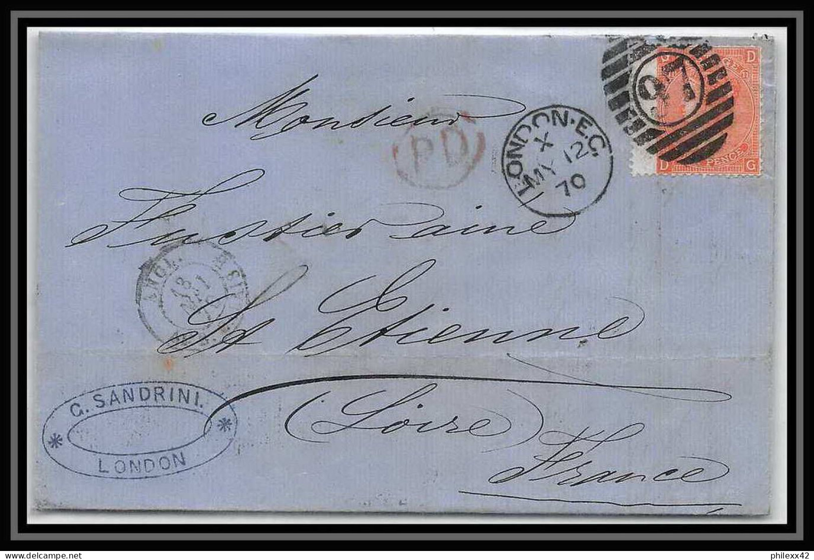 35812 N°32 Victoria 4p Red London St Etienne France 1870 Cachet 97 Lettre Cover Grande Bretagne England - Covers & Documents