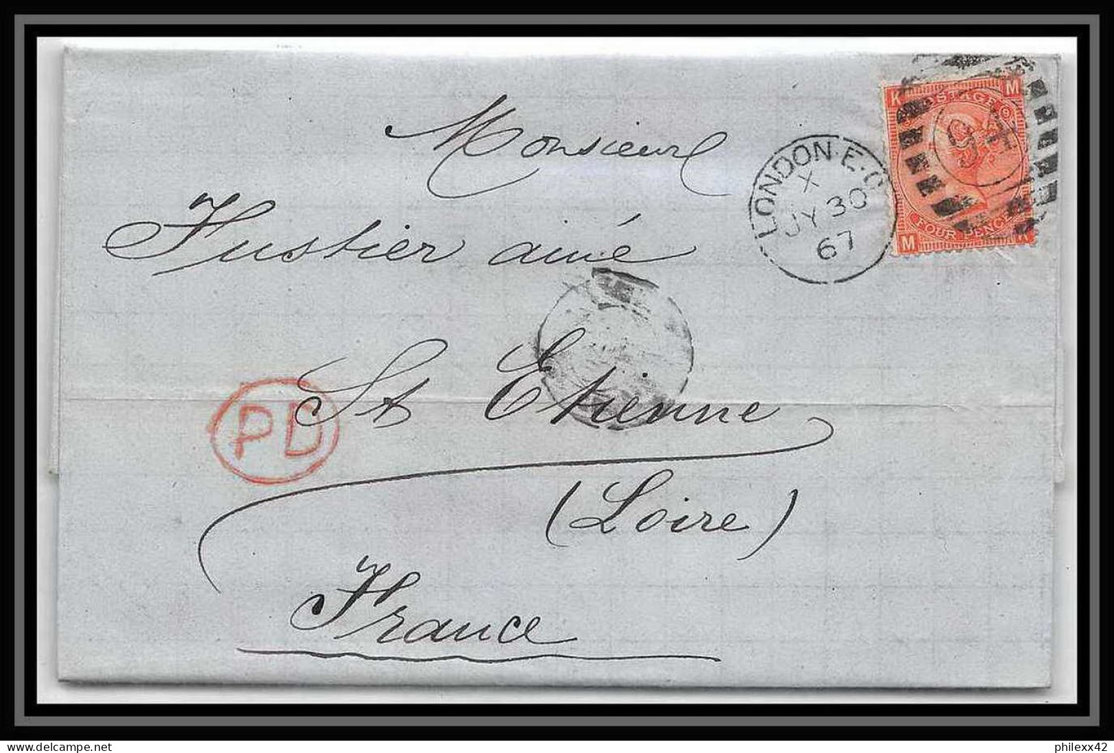 35805 N°32 Victoria 4p Red London St Etienne France 1867 Cachet 94 Lettre Cover Grande Bretagne England - Lettres & Documents