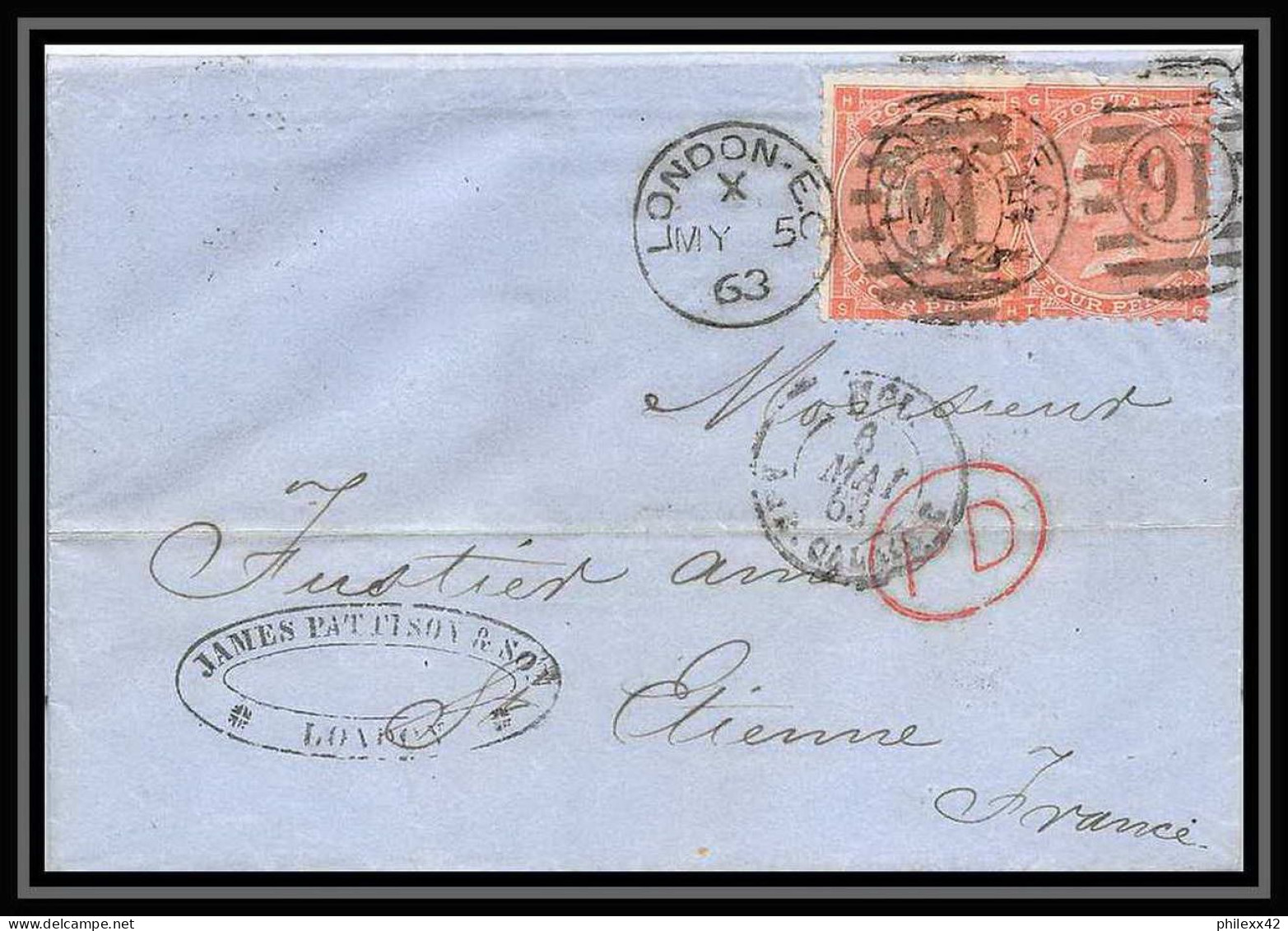 35794 N°32 Victoria 4p London St Etienne France 1863 Cachet 91 Paire Lettre Cover Grande Bretagne England - Cartas & Documentos