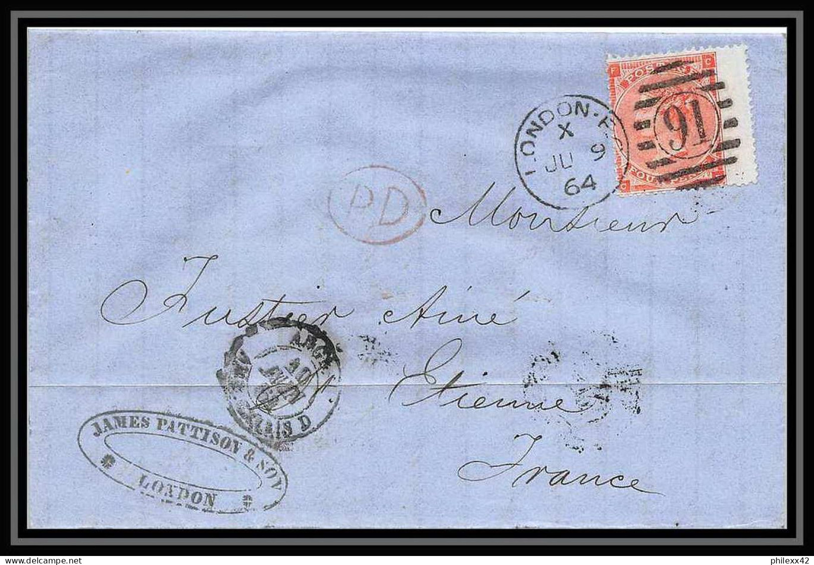 35793 N°32 Victoria 4p Red London St Etienne France 1864 Cachet 91 Lettre Cover Grande Bretagne England - Briefe U. Dokumente
