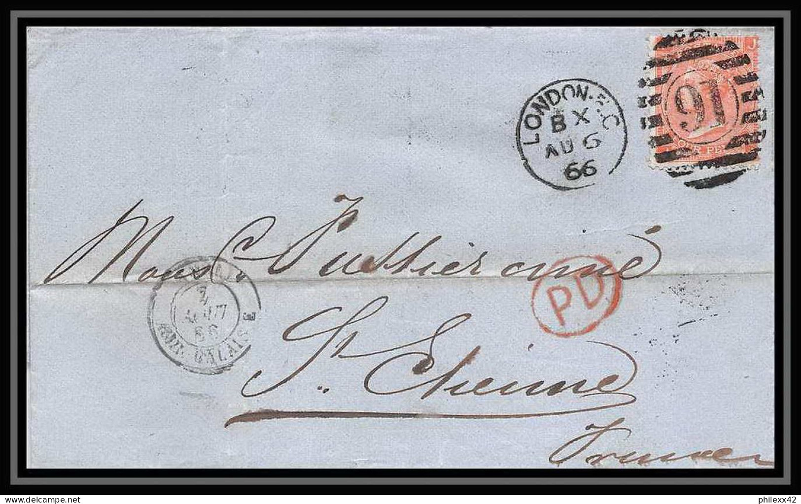 35792 N°32 Victoria 4p Red London St Etienne France 1866 Cachet 91 Lettre Cover Grande Bretagne England - Covers & Documents