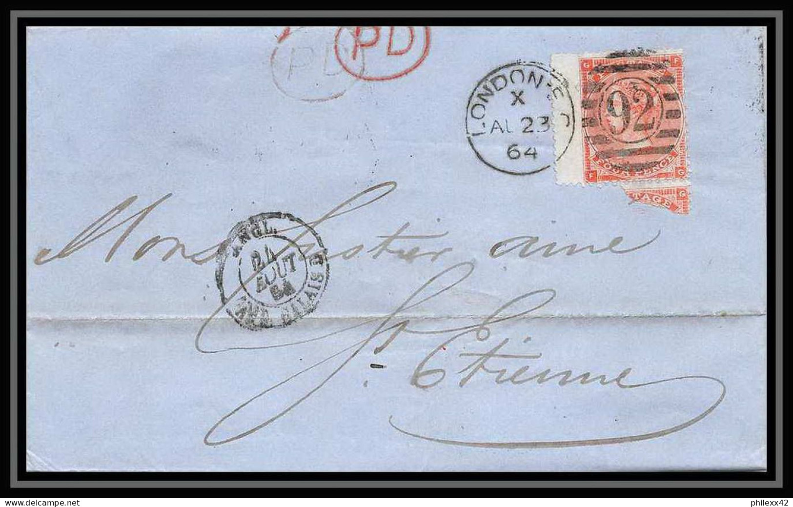 35799 N°32 Victoria 4p Red London St Etienne France 1864 Cachet 92 Lettre Cover Grande Bretagne England - Covers & Documents