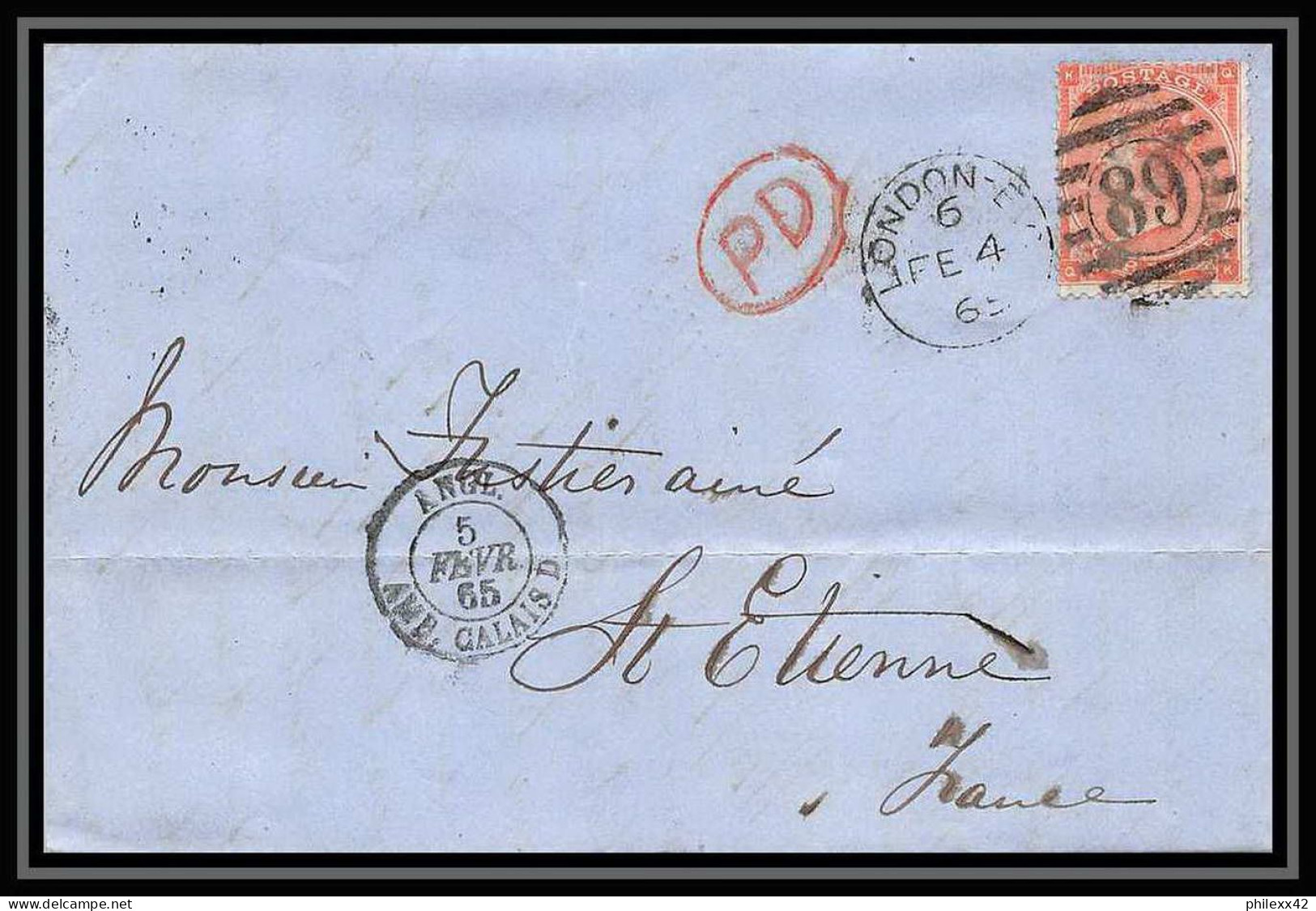 35784 N°32 Victoria 4p Red London St Etienne France 1865 Cachet 89 Lettre Cover Grande Bretagne England - Lettres & Documents