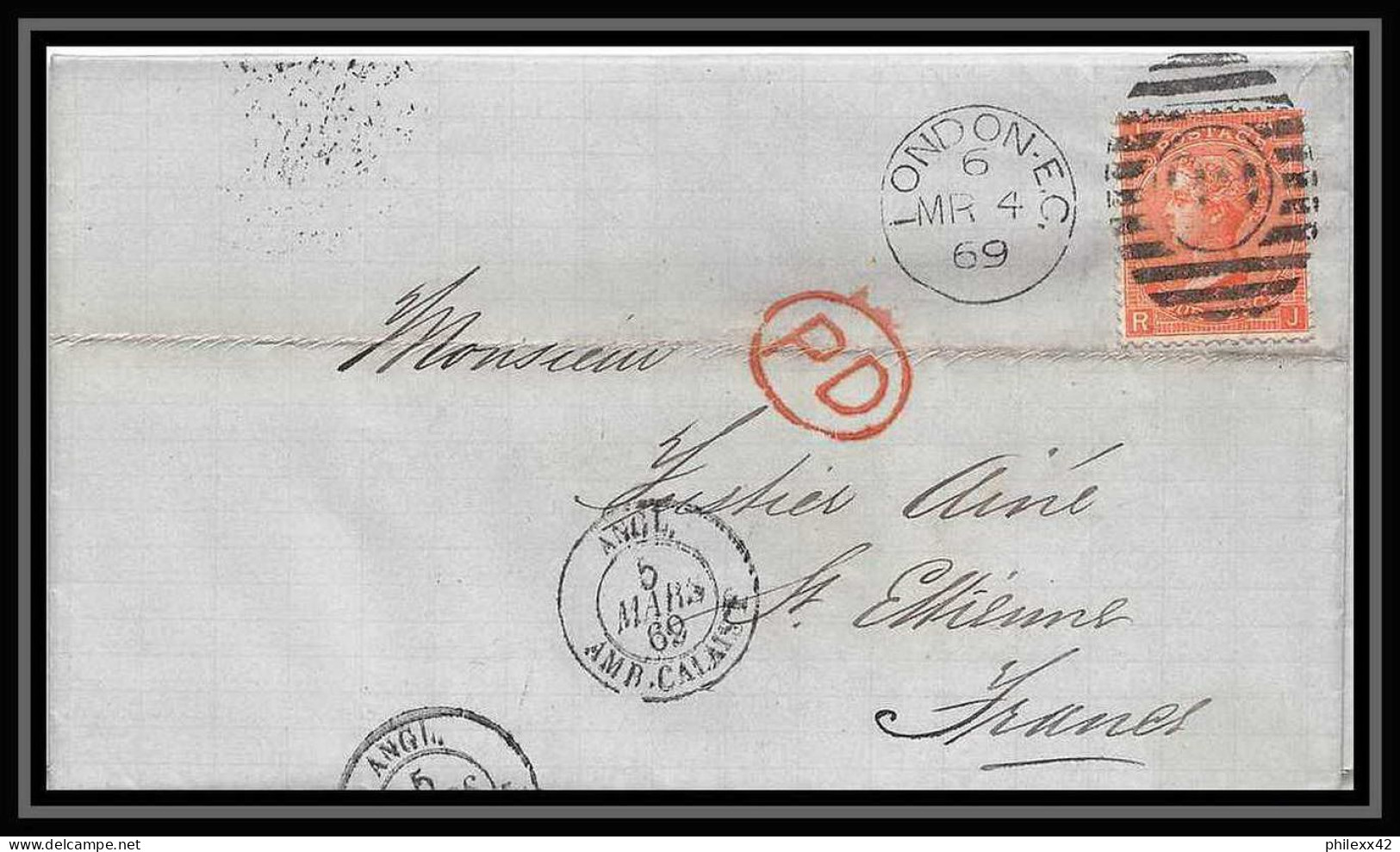 35790 N°32 Victoria 4p Red London St Etienne France 1867 Cachet 90 Lettre Cover Grande Bretagne England - Covers & Documents