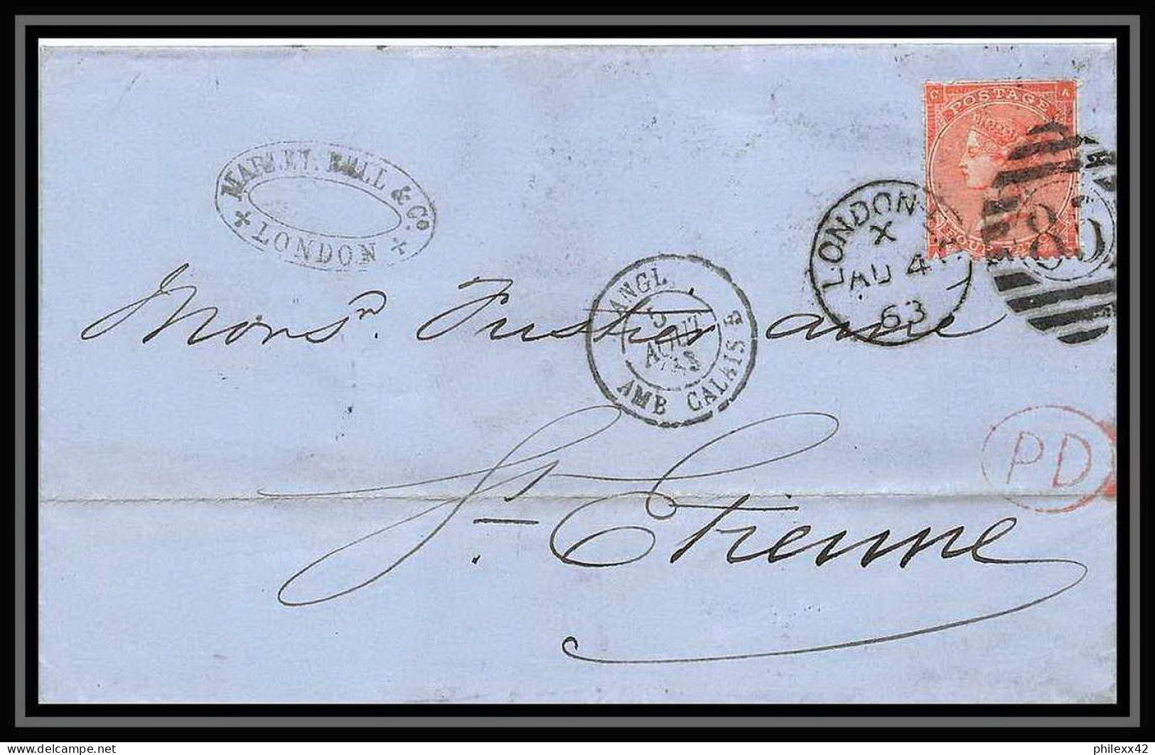 35769 N°32 Victoria 4p Red London St Etienne France 1863 Cachet 85 Lettre Cover Grande Bretagne England - Storia Postale