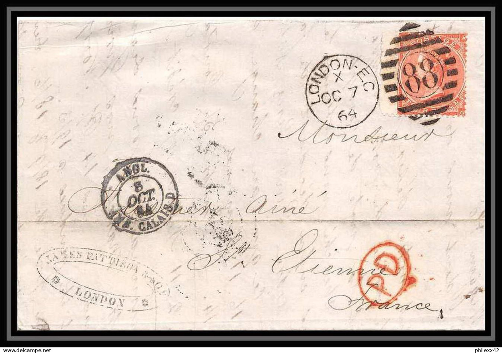 35782 N°32 Victoria 4p Red London St Etienne France 1864 Cachet 88 Lettre Cover Grande Bretagne England - Covers & Documents