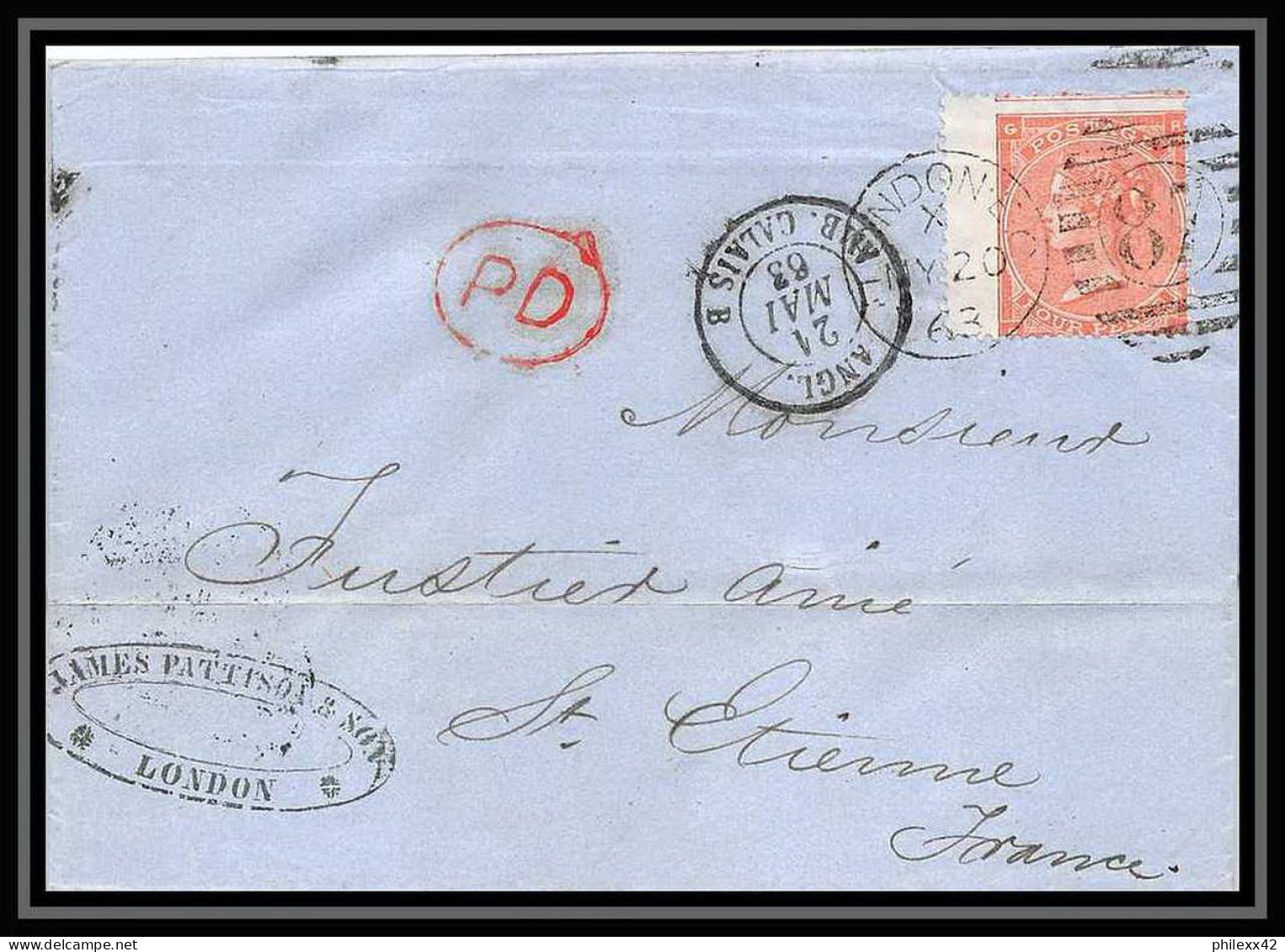 35776 N°32 Victoria 4p Red London St Etienne France 1863 Cachet 87 Lettre Cover Grande Bretagne England - Brieven En Documenten