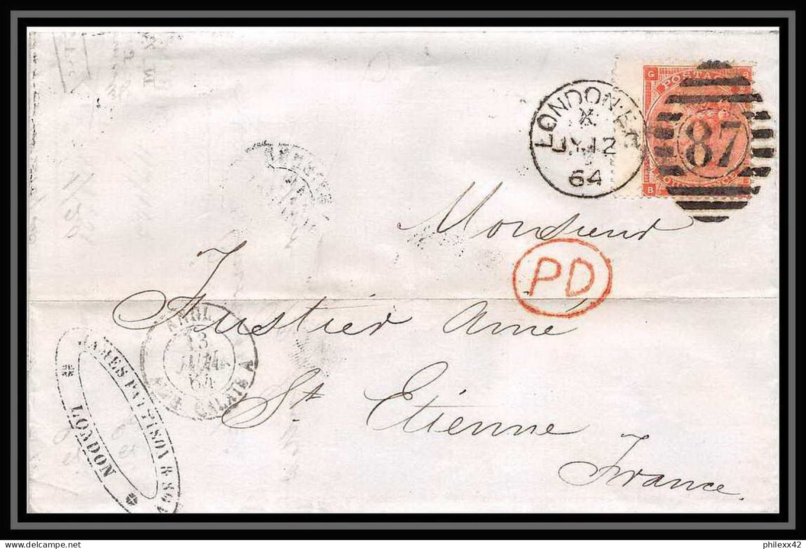 35777 N°32 Victoria 4p Red London St Etienne France 1864 Cachet 87 Lettre Cover Grande Bretagne England - Covers & Documents