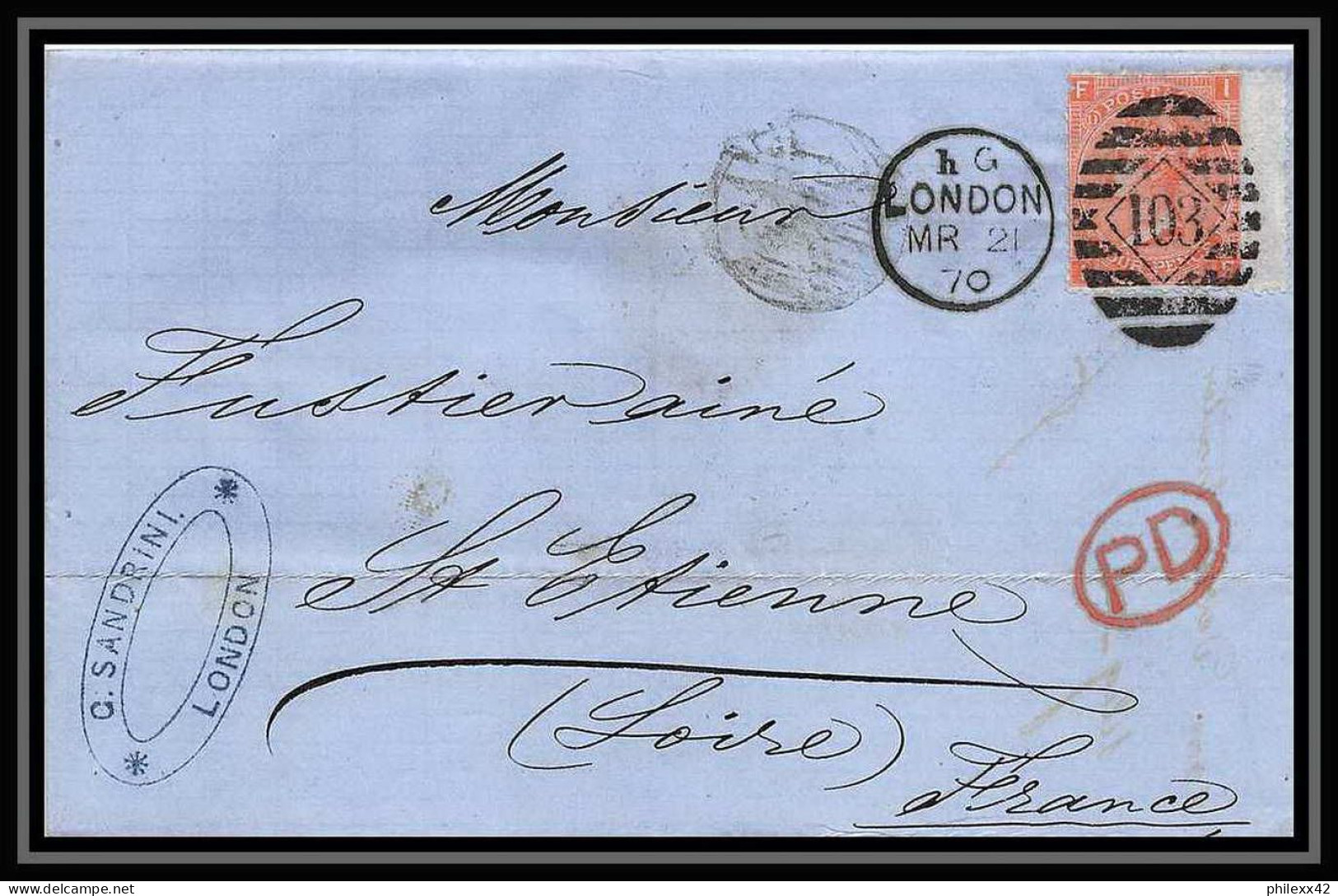 35840 N°32 Victoria 4p Red London St Etienne France 1870 Cachet 103 Lettre Cover Grande Bretagne England - Briefe U. Dokumente