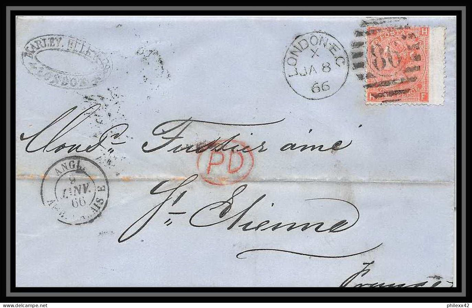 35773 N°32 Victoria 4p Red London St Etienne France 1866 Cachet 86 Lettre Cover Grande Bretagne England - Covers & Documents