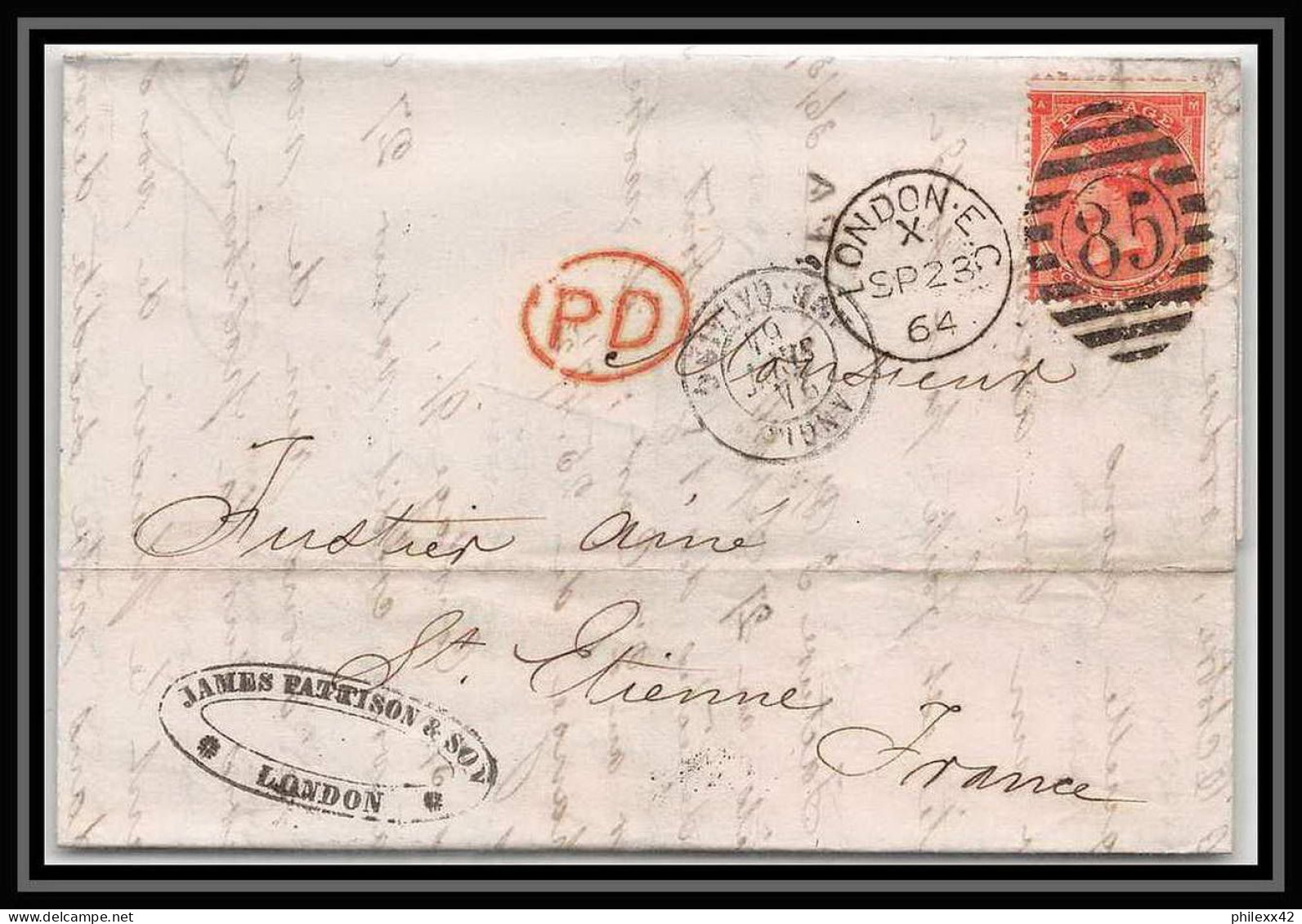 35770 N°32 Victoria 4p Red London St Etienne France 1864 Cachet 85 Lettre Cover Grande Bretagne England - Storia Postale