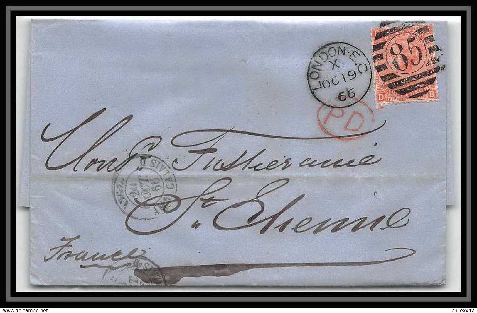 35766 N°32 Victoria 4p Red London St Etienne France 1866 Cachet 85 Lettre Cover Grande Bretagne England - Lettres & Documents