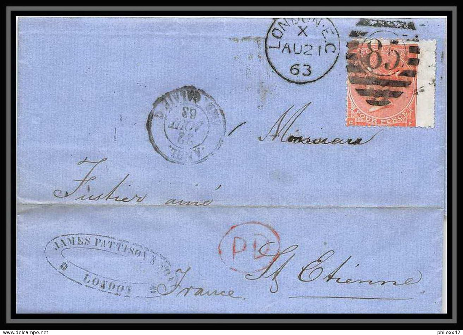 35765 N°32 Victoria 4p Red London St Etienne France 1863 Cachet 85 Lettre Cover Grande Bretagne England - Covers & Documents