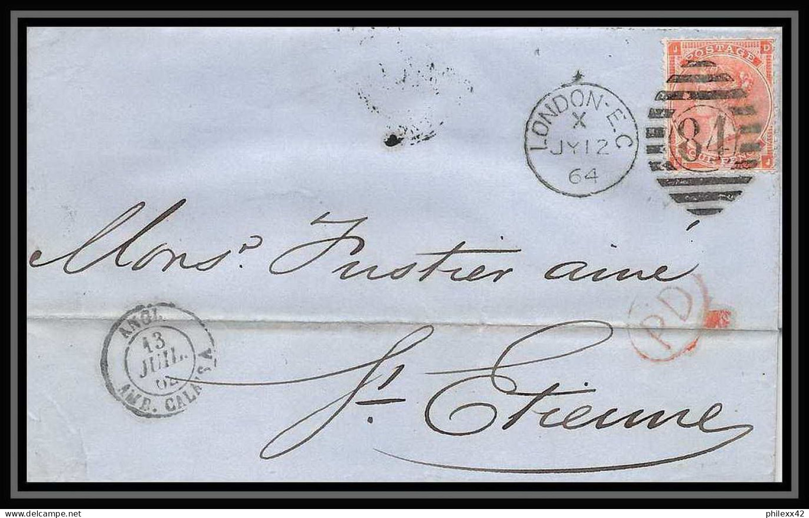 35761 N°32 Victoria 4p Red London St Etienne France 1864 Cachet 81 Lettre Cover Grande Bretagne England - Covers & Documents