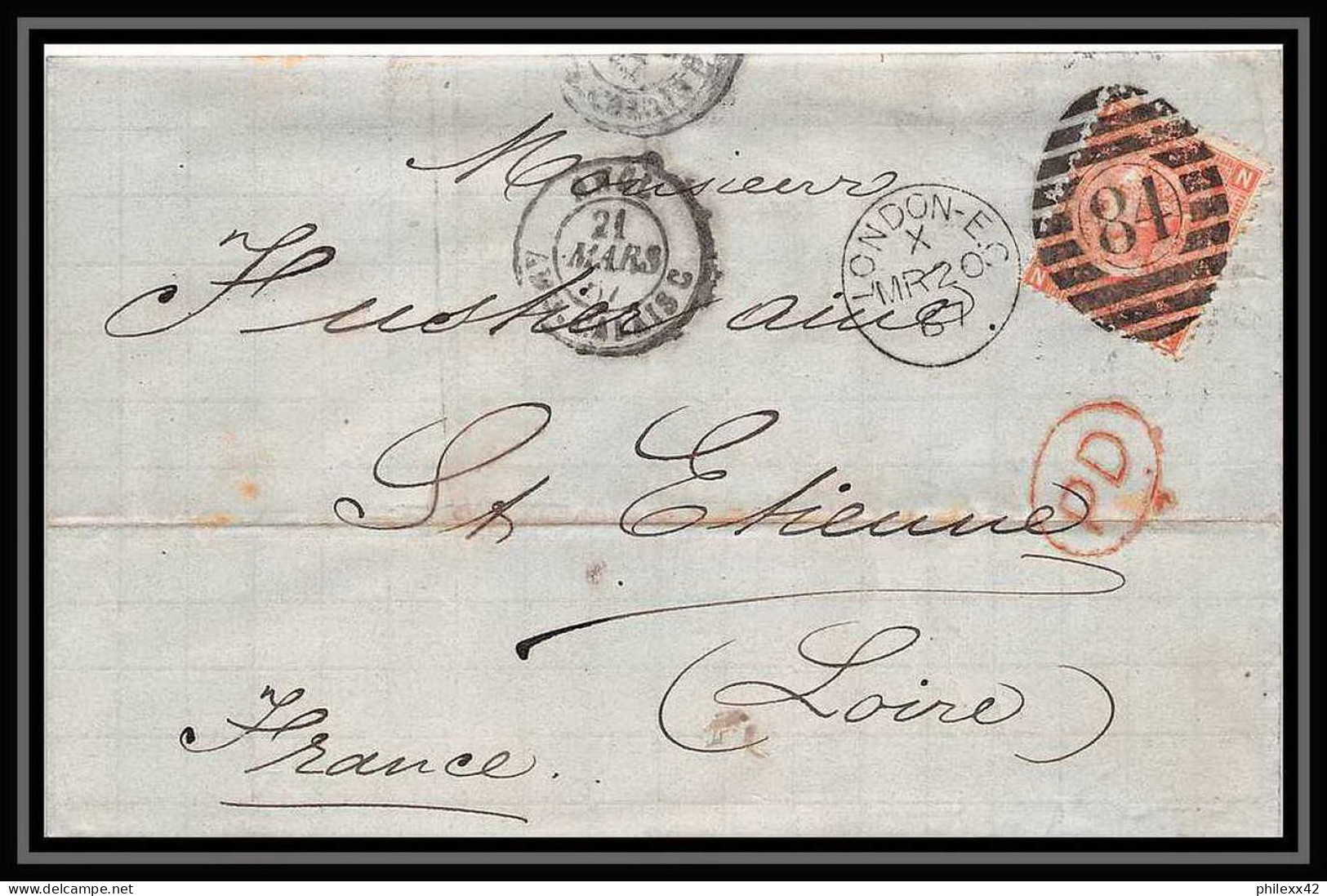 35760 N°32 Victoria 4p Red London St Etienne France 1867 Cachet 81 Lettre Cover Grande Bretagne England - Covers & Documents