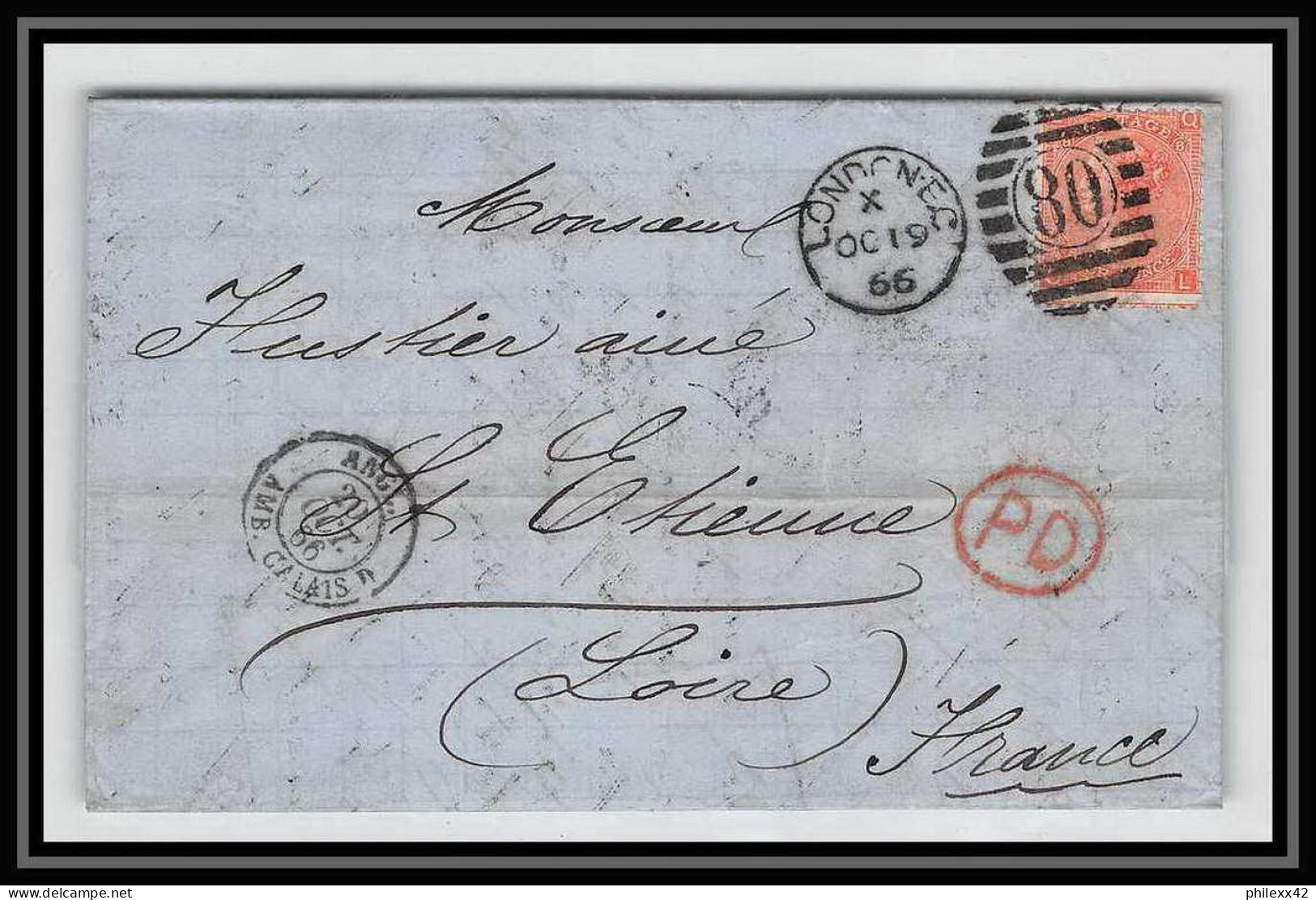 35757 N°32 Victoria 4p Red London St Etienne France 1866 Cachet 80 Lettre Cover Grande Bretagne England - Covers & Documents