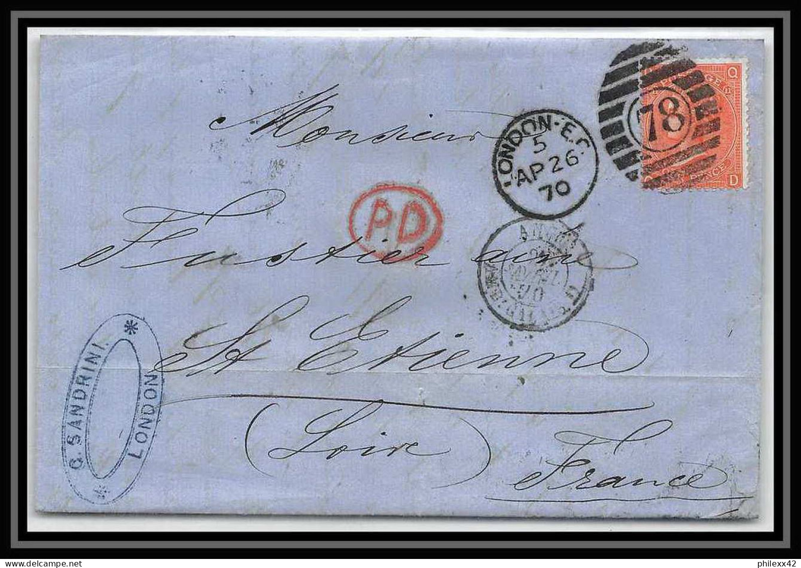 35740 N°32 Victoria 4p Red London St Etienne France 1870 Cachet 78 Lettre Cover Grande Bretagne England - Lettres & Documents