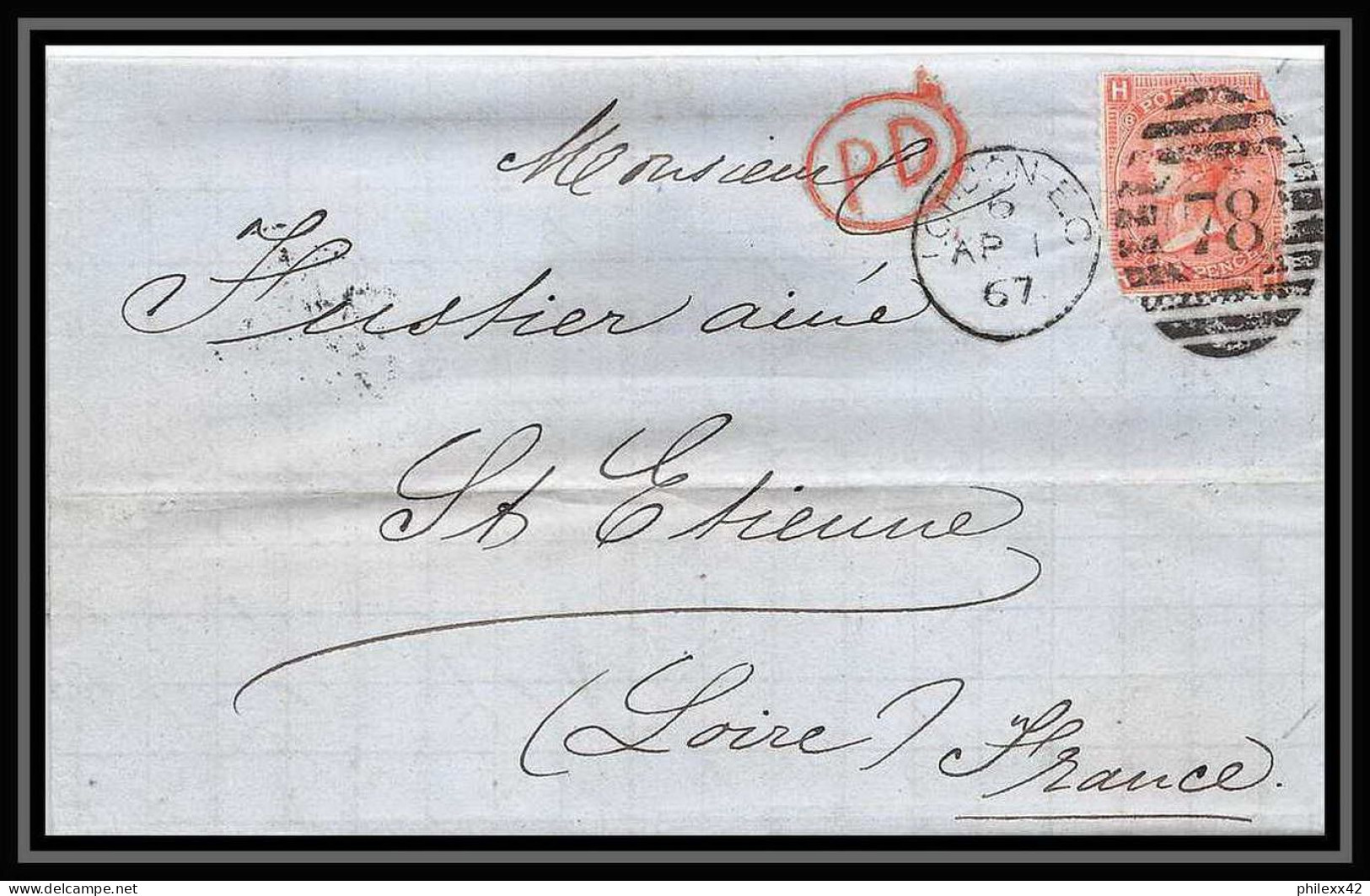 35739 N°32 Victoria 4p Red London St Etienne France 1867 Cachet 78 Lettre Cover Grande Bretagne England - Lettres & Documents