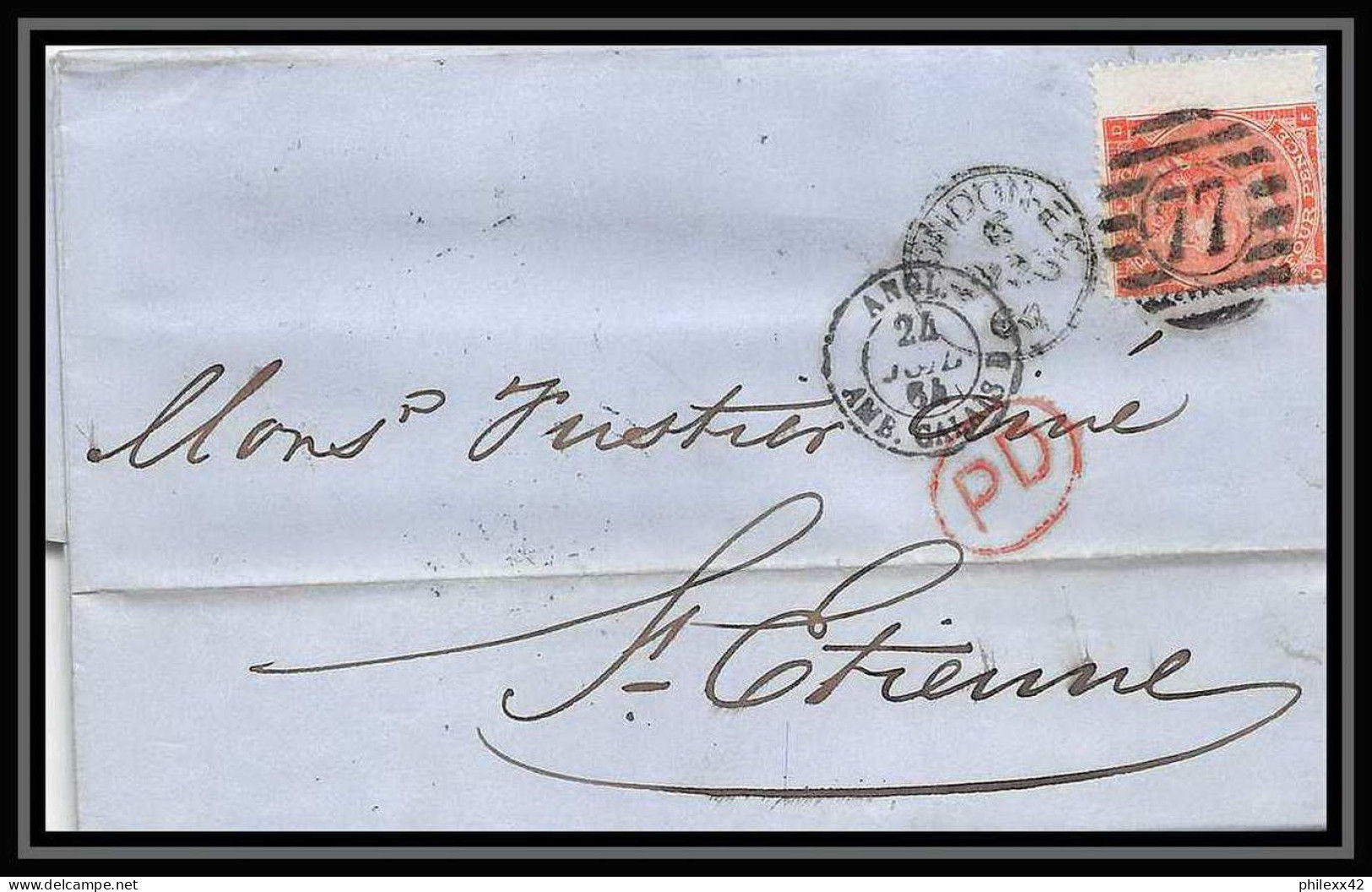 35738 N°32 Victoria 4p Red London St Etienne France 1864 Cachet 77 Lettre Cover Grande Bretagne England - Cartas & Documentos