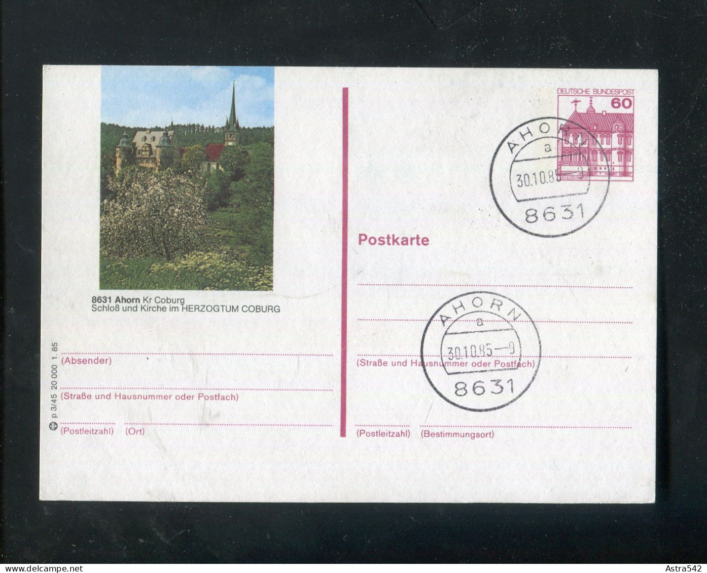 "BUNDESREPUBLIK DEUTSCHLAND" 1985, Bildpostkarte Mit Bildgleichem Stempel Ex "AHORN" (A1117) - Postales Ilustrados - Usados