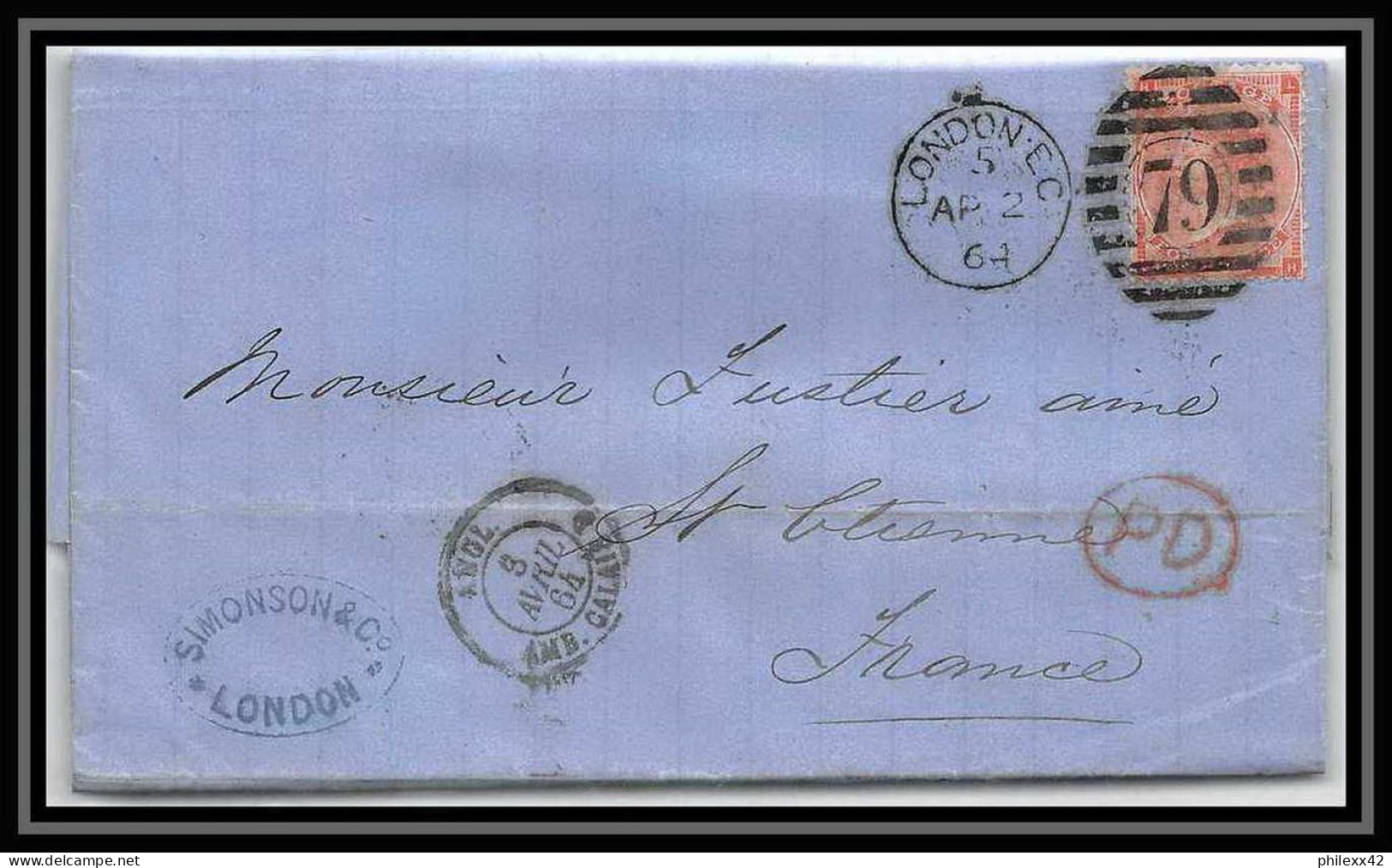 35751 N°32 Victoria 4p Red London St Etienne France 1864 Cachet 79 Lettre Cover Grande Bretagne England - Lettres & Documents