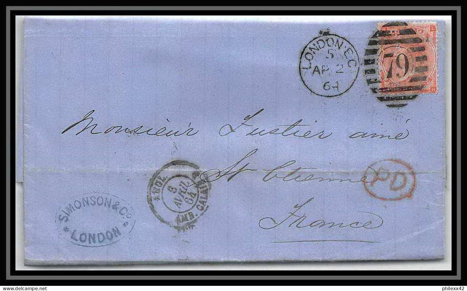 35751 N°32 Victoria 4p Red London St Etienne France 1864 Cachet 79 Lettre Cover Grande Bretagne England - Covers & Documents