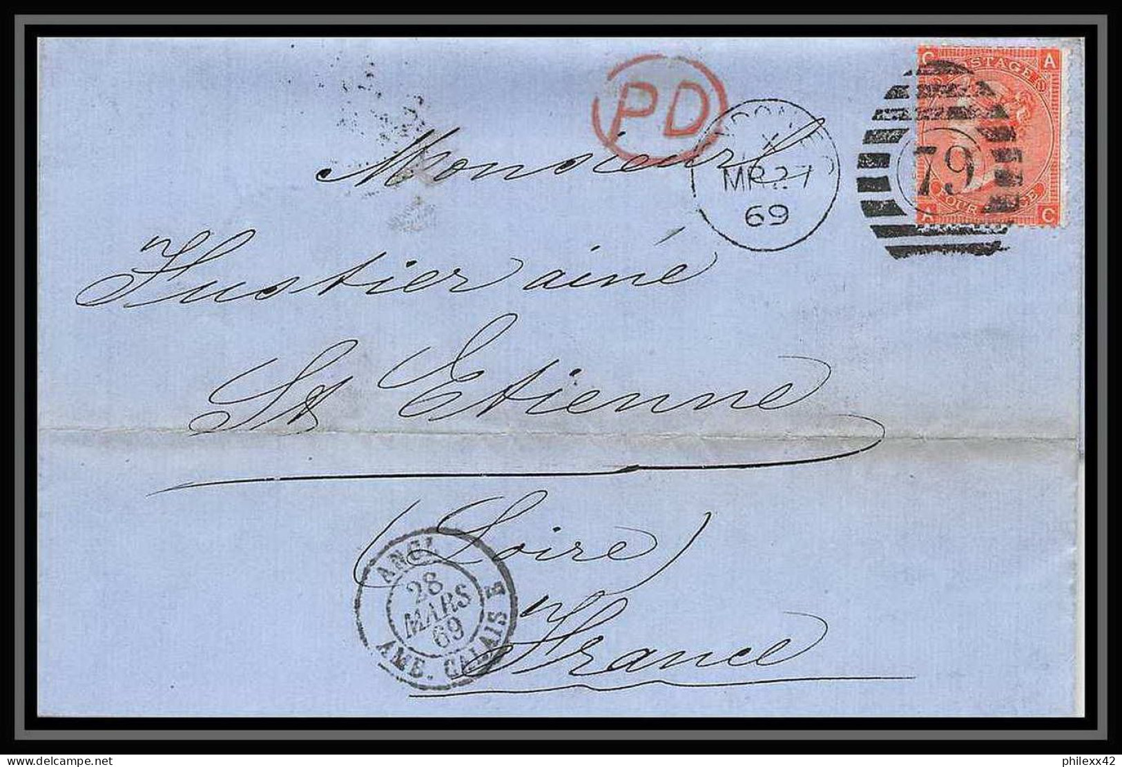 35752 N°32 Victoria 4p Red London St Etienne France 1869 Cachet 79 Lettre Cover Grande Bretagne England - Brieven En Documenten