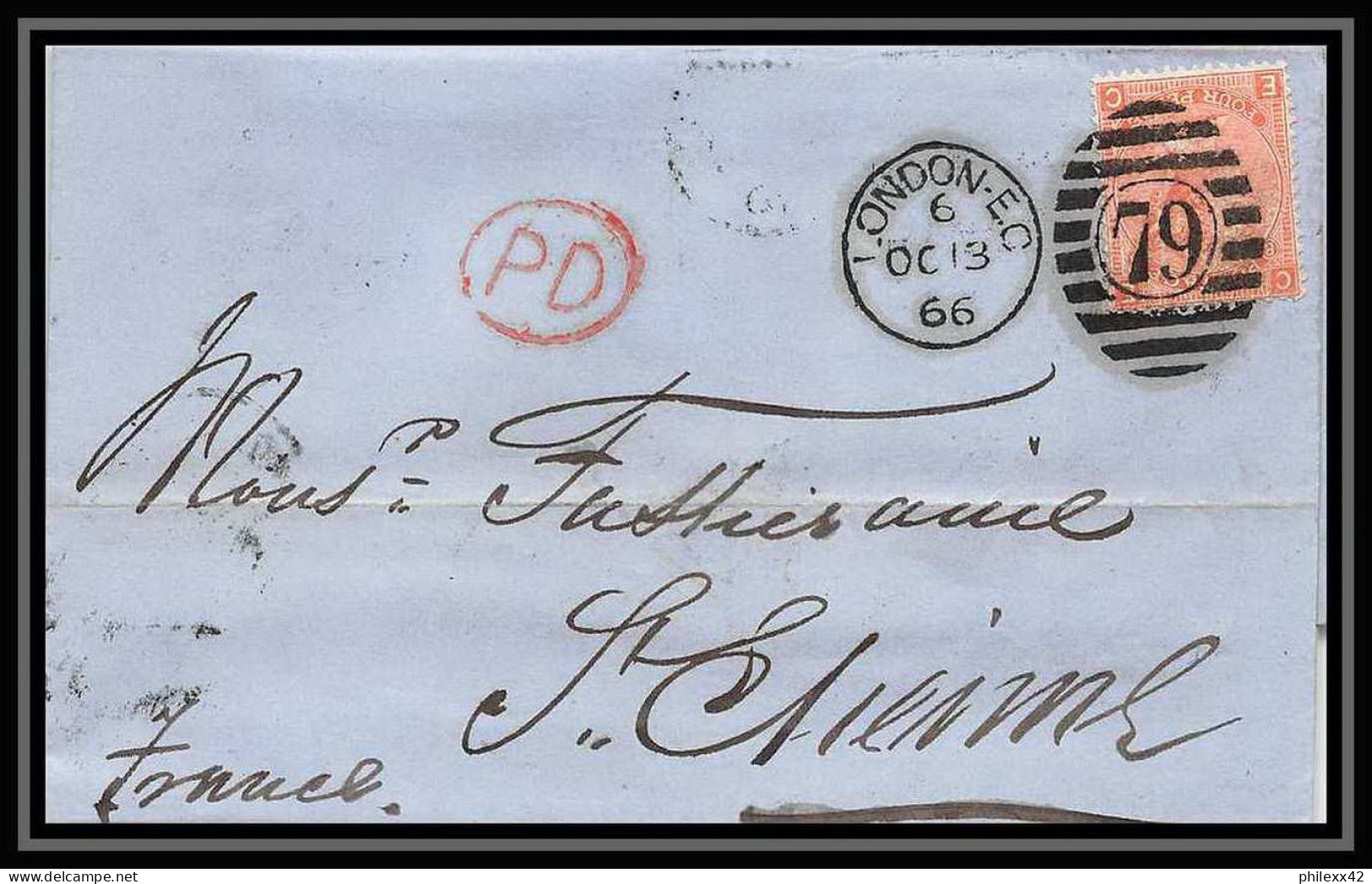 35749 N°32 Victoria 4p Red London St Etienne France 1866 Cachet 79 Lettre Cover Grande Bretagne England - Cartas & Documentos
