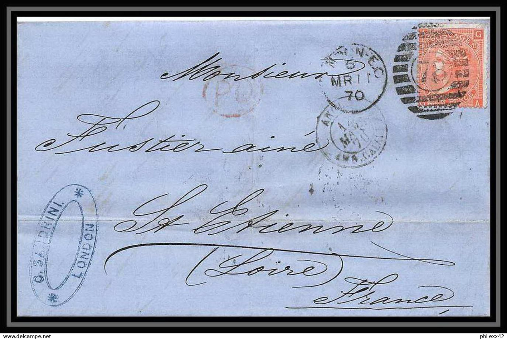35746 N°32 Victoria 4p Red London St Etienne France 1870 Cachet 78 Lettre Cover Grande Bretagne England - Covers & Documents