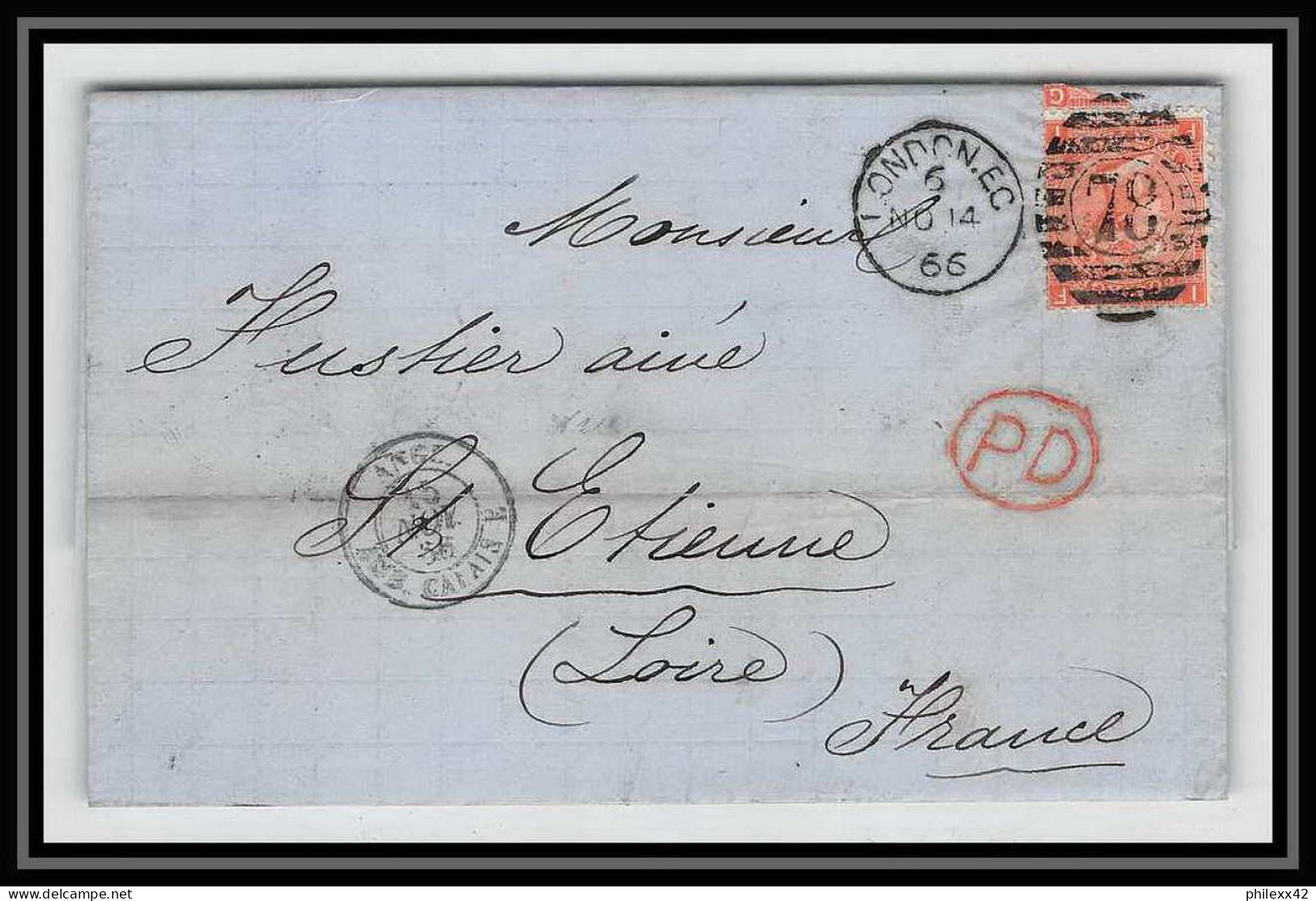 35741 N°32 Victoria 4p Red London St Etienne France 1866 Cachet 78 Lettre Cover Grande Bretagne England - Storia Postale