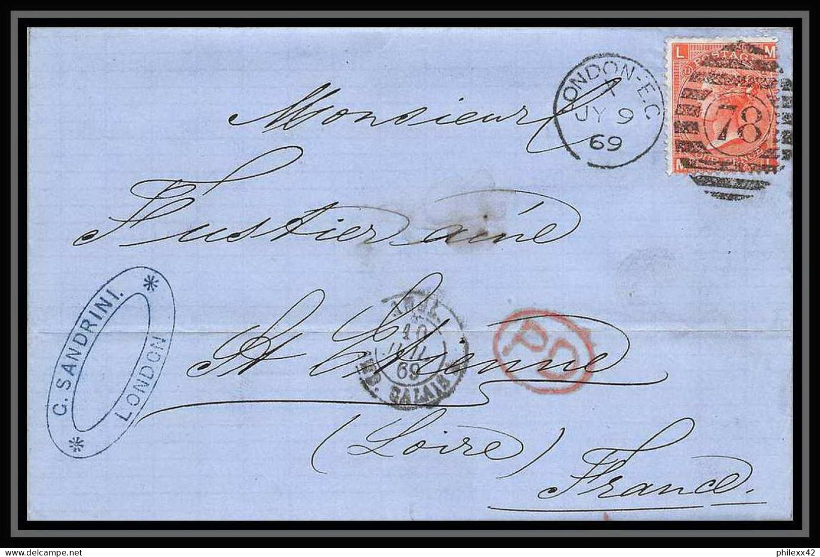 35744 N°32 Victoria 4p Red London St Etienne France 1869 Cachet 78 Lettre Cover Grande Bretagne England - Covers & Documents