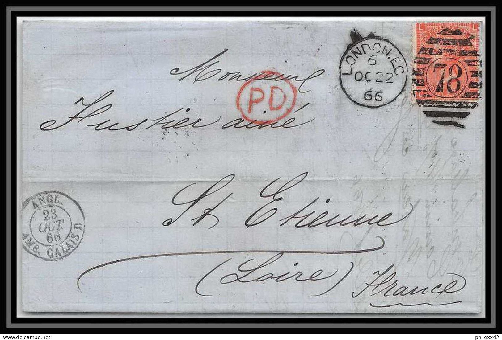 35742 N°32 Victoria 4p Red London St Etienne France 1866 Cachet 78 Lettre Cover Grande Bretagne England - Covers & Documents