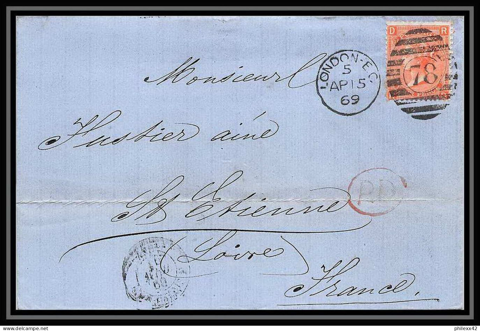 35743 N°32 Victoria 4p Red London St Etienne France 1869 Cachet 78 Lettre Cover Grande Bretagne England - Covers & Documents