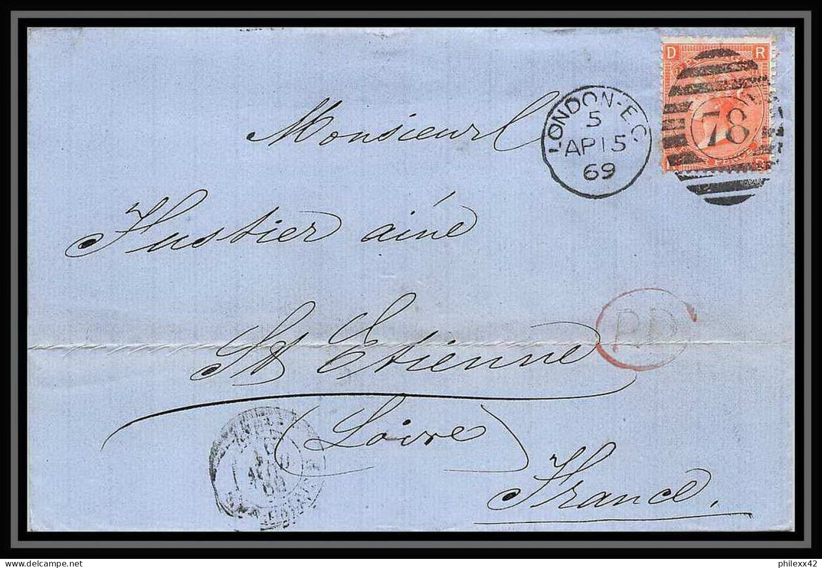 35743 N°32 Victoria 4p Red London St Etienne France 1869 Cachet 78 Lettre Cover Grande Bretagne England - Brieven En Documenten